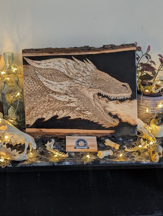 'Sentinel Dragon', Pyrography on Basswood, Desk/Wall Art
