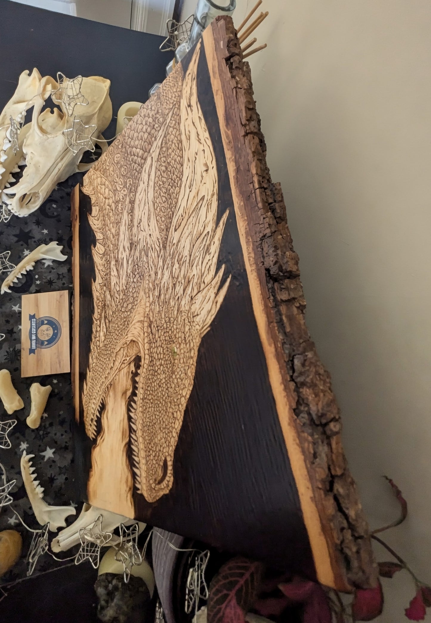 'Sentinel Dragon', Pyrography on Basswood, Desk/Wall Art