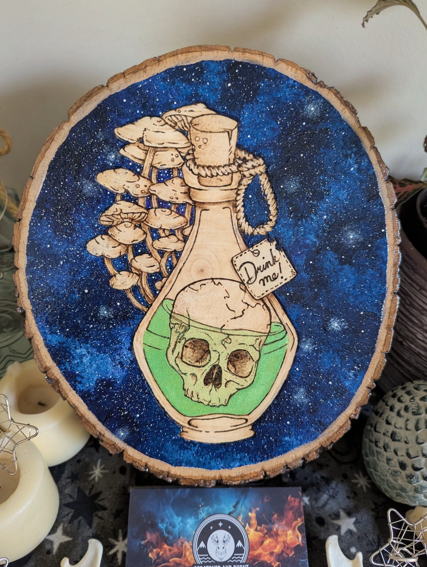 'Skull Tonic',  Pyrography, Acrylics on Wood, Desk/Wall Art