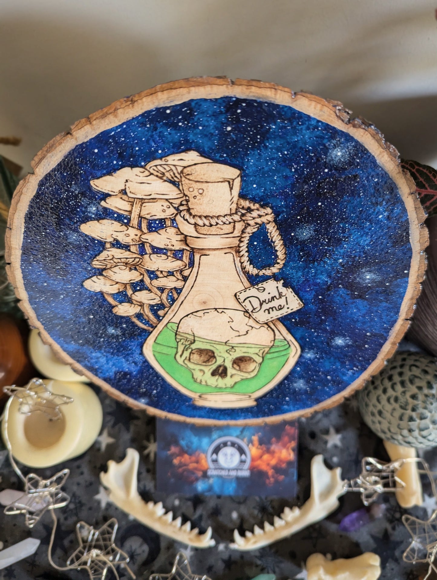 'Skull Tonic',  Pyrography, Acrylics on Wood, Desk/Wall Art