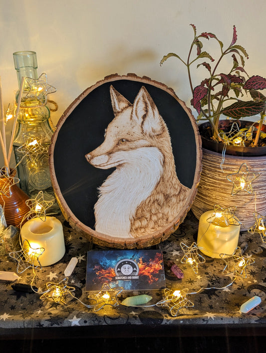 'Fox in Focus', Pyrography on Basswood, Desk/Wall Art