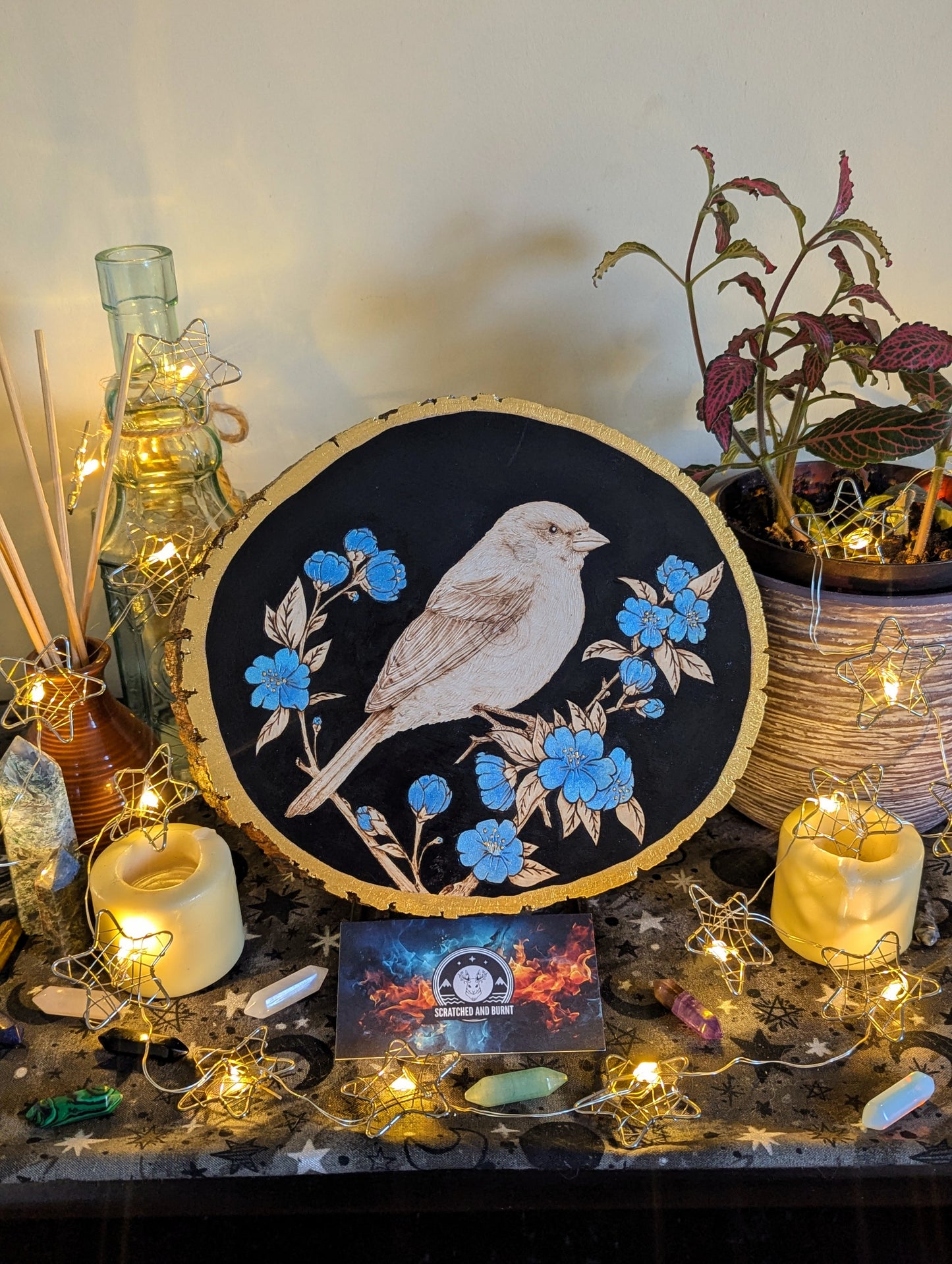 'Songbird in Bloom',  Pyrography w/ Watercolors on Basswood, Desk/Wall Art