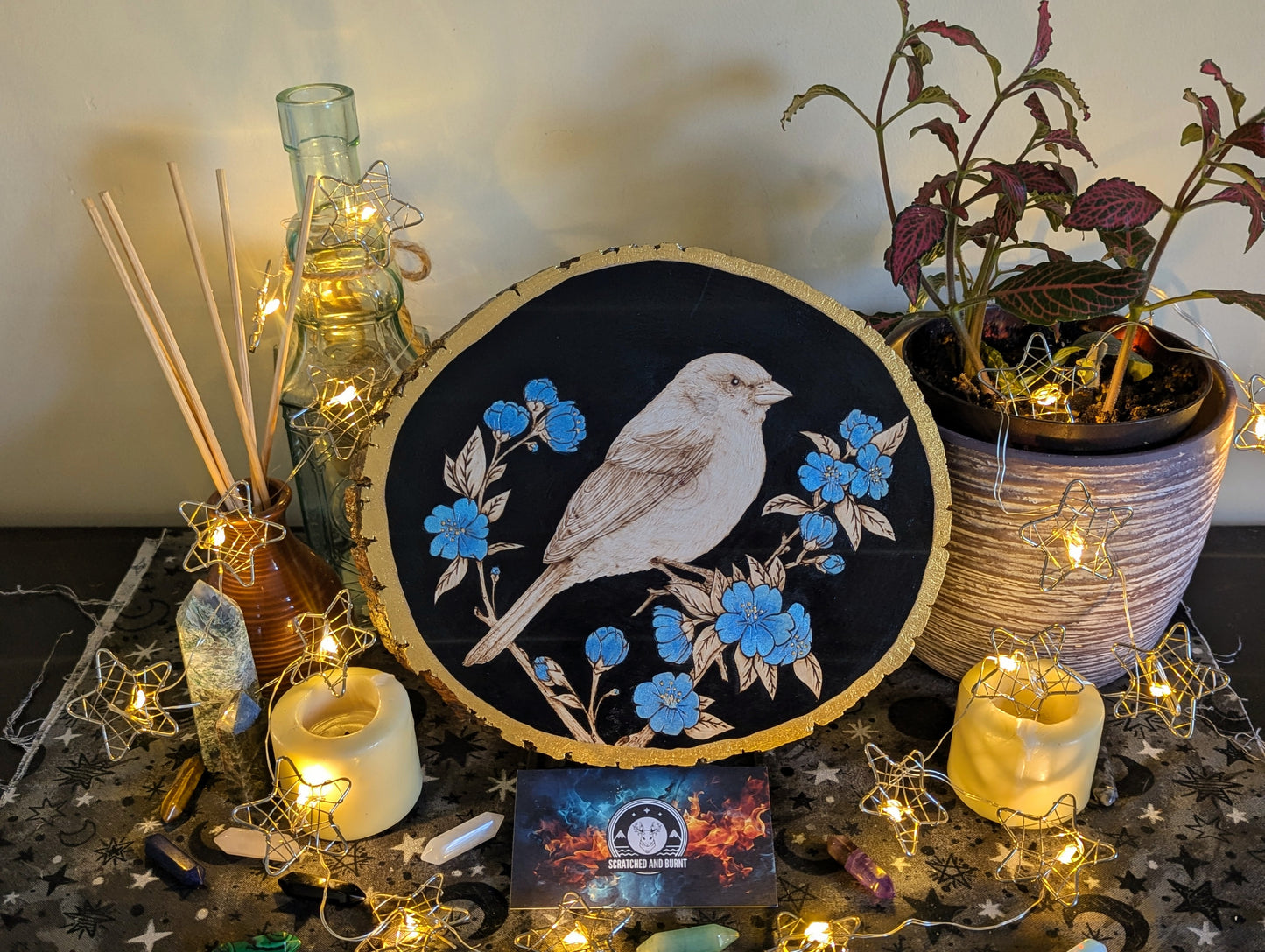 'Songbird in Bloom',  Pyrography w/ Watercolors on Basswood, Desk/Wall Art