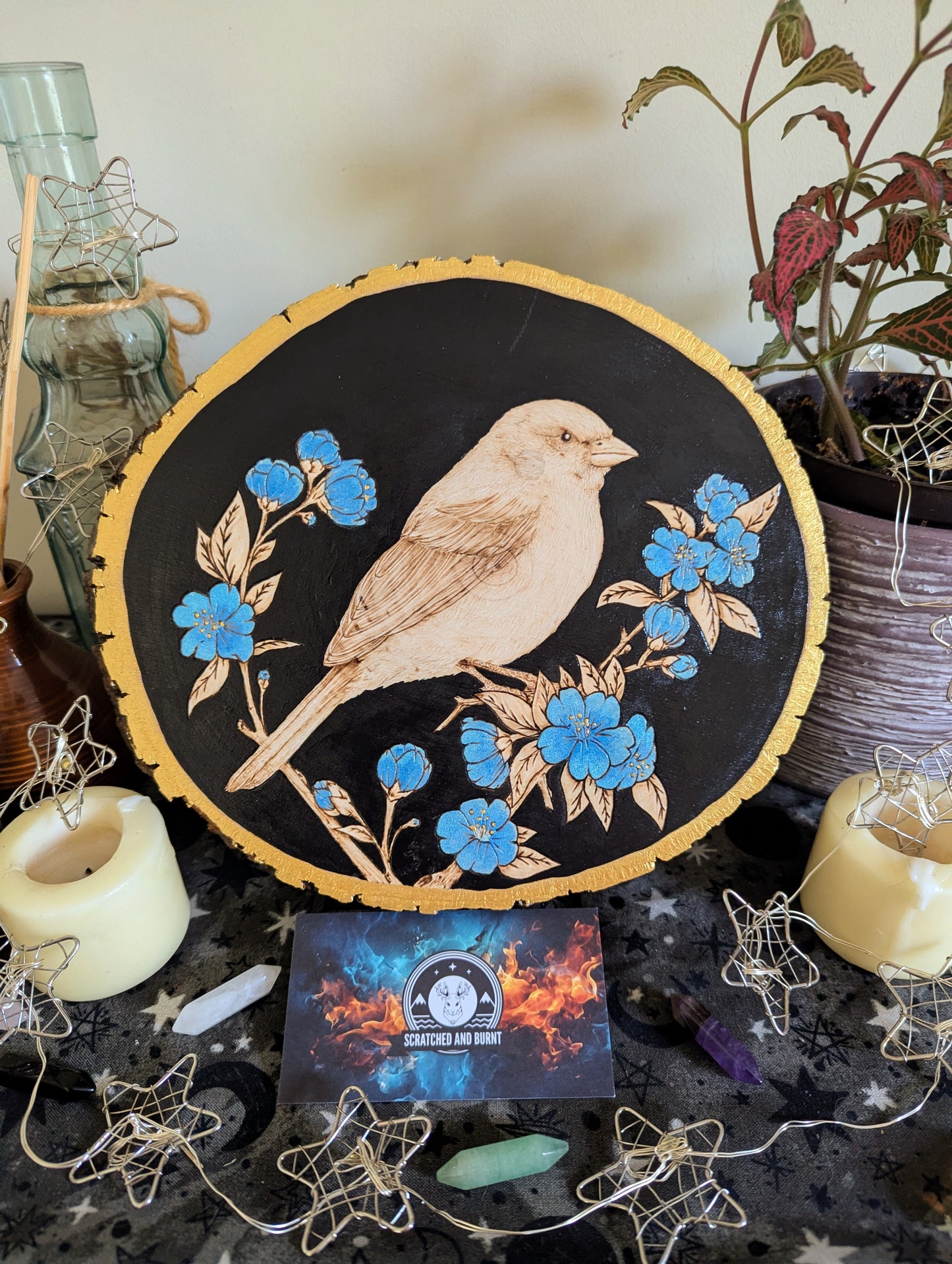 'Songbird in Bloom',  Pyrography w/ Watercolors on Basswood, Desk/Wall Art