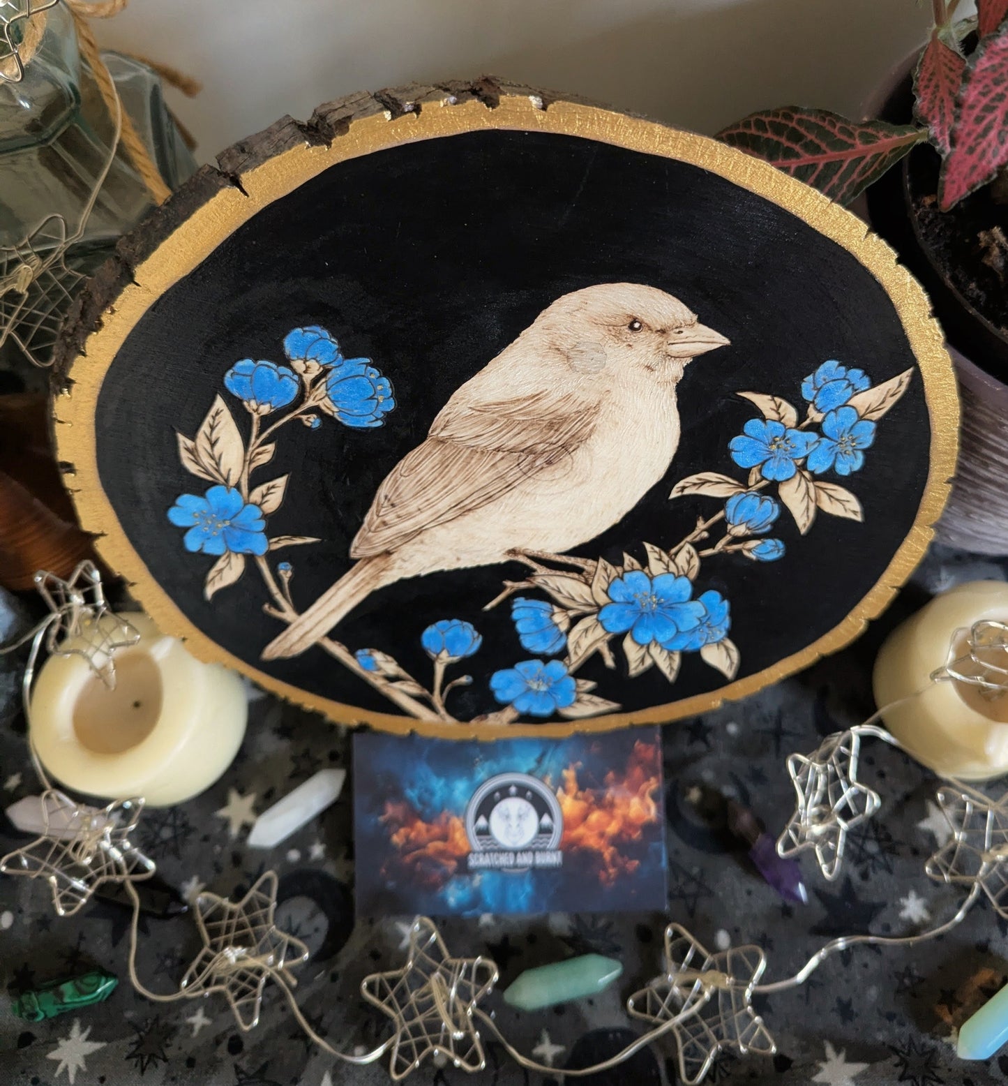 'Songbird in Bloom',  Pyrography w/ Watercolors on Basswood, Desk/Wall Art