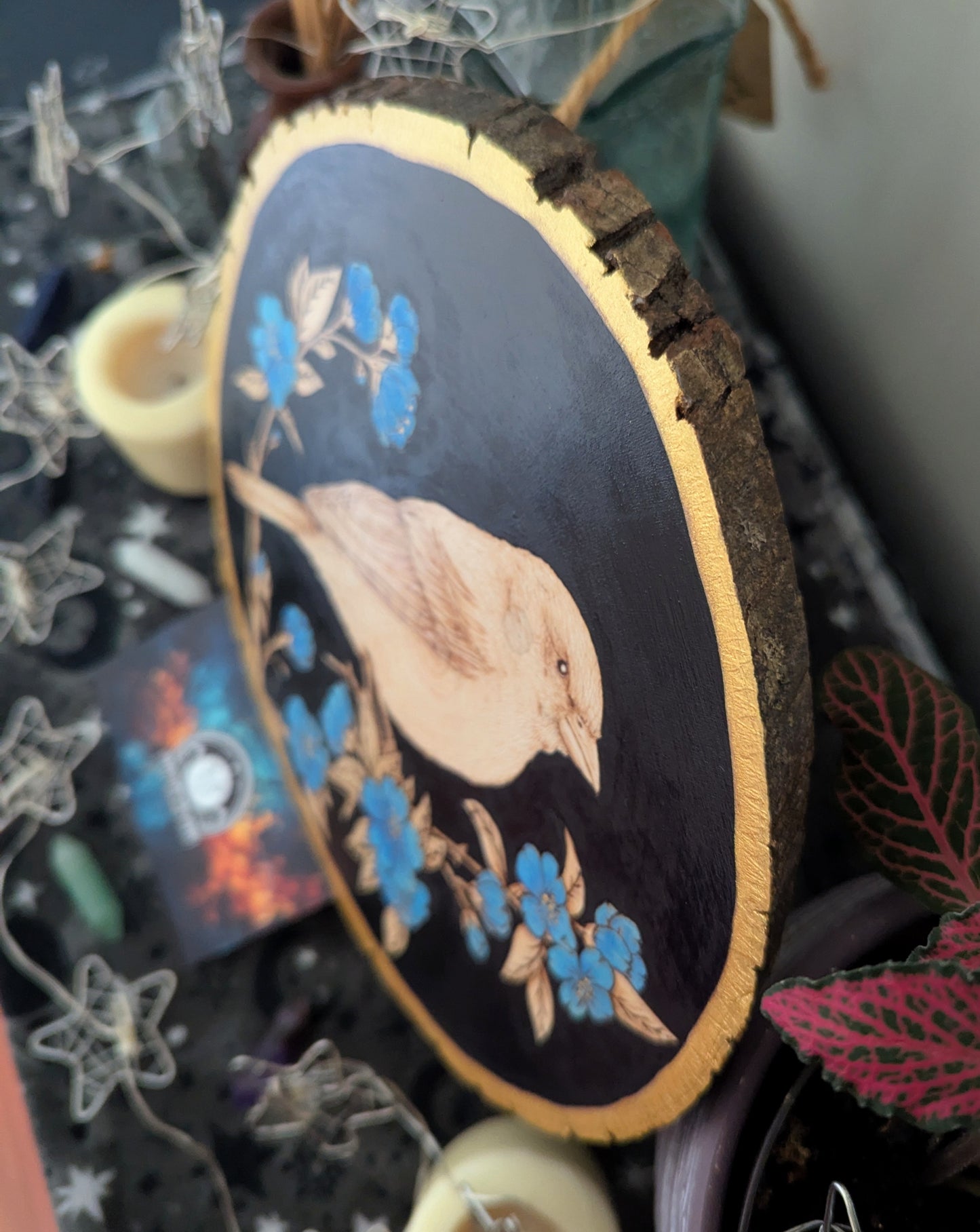 'Songbird in Bloom',  Pyrography w/ Watercolors on Basswood, Desk/Wall Art