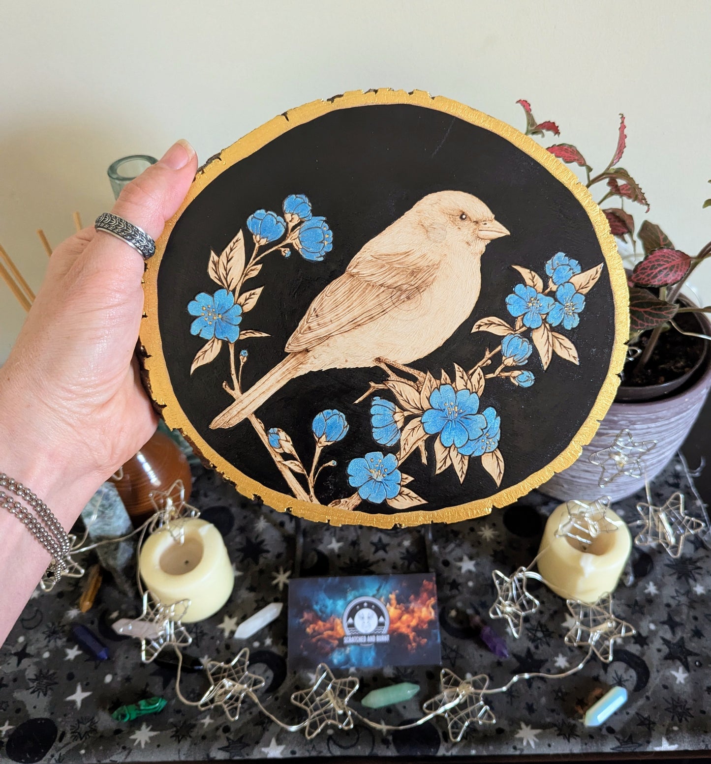 'Songbird in Bloom',  Pyrography w/ Watercolors on Basswood, Desk/Wall Art