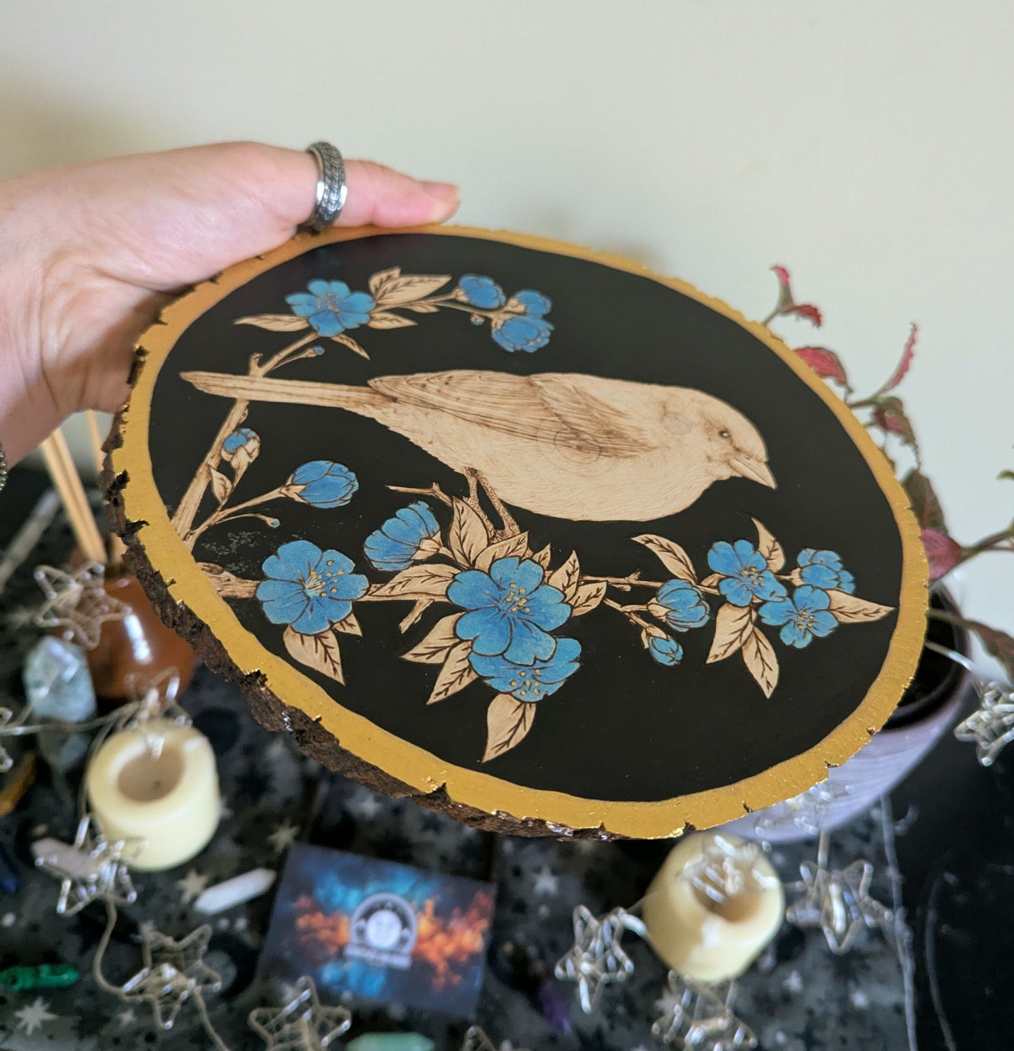 'Songbird in Bloom',  Pyrography w/ Watercolors on Basswood, Desk/Wall Art