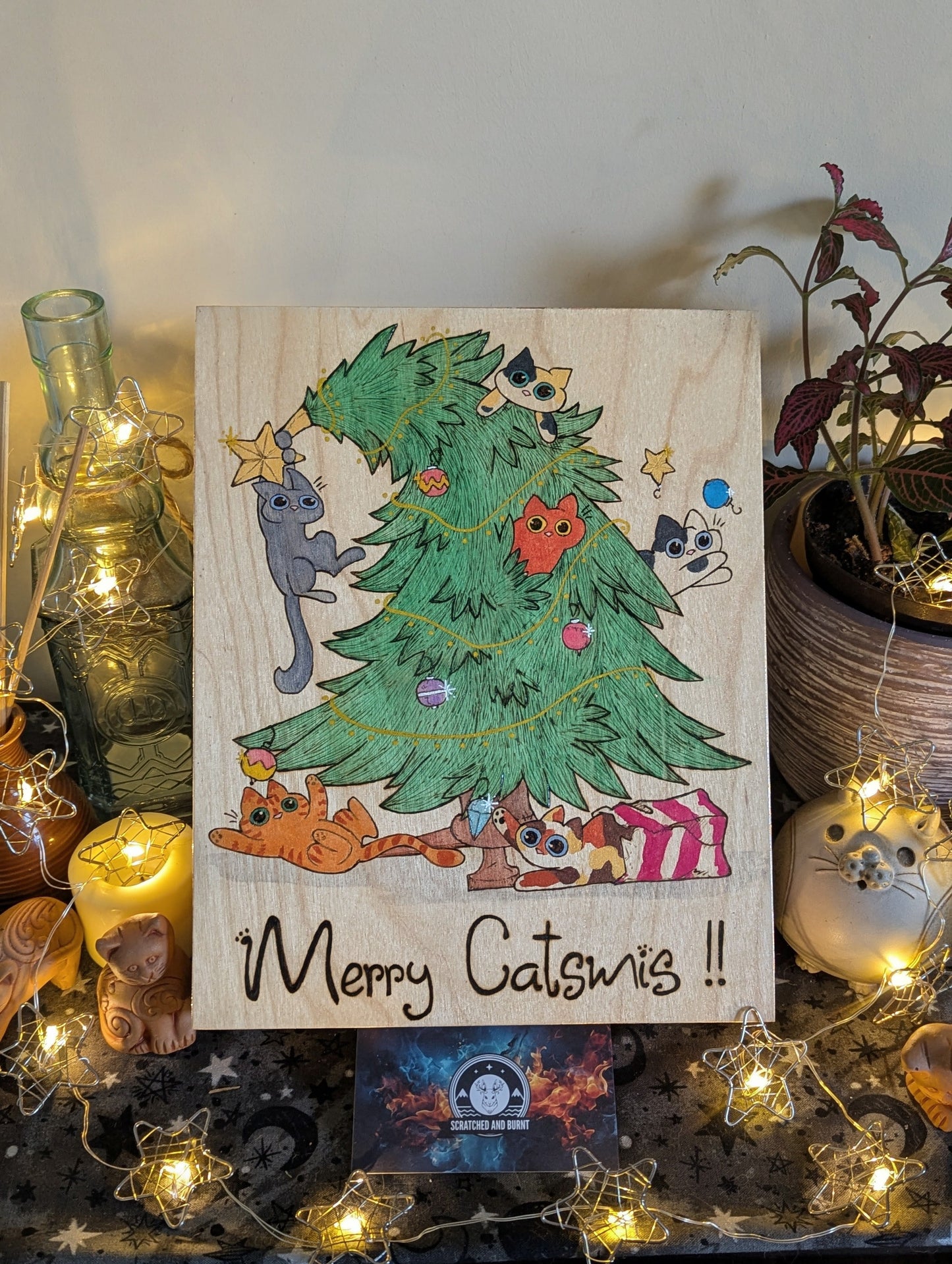 Merry Catsmis!!, Pyrography, Watercolors & Colored Foil Accents, on Wood, Wall/ Desk Art
