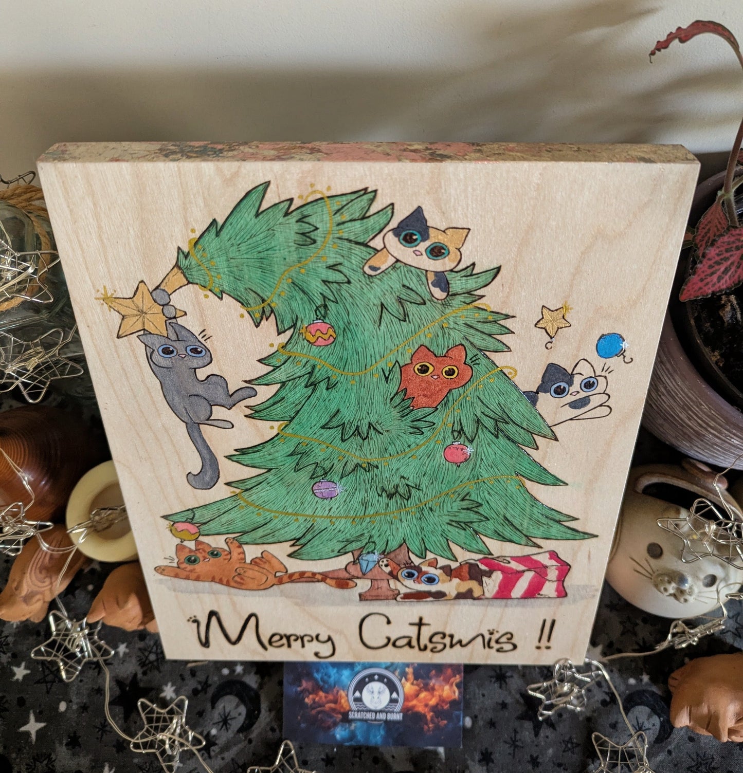 Merry Catsmis!!, Pyrography, Watercolors & Colored Foil Accents, on Wood, Wall/ Desk Art