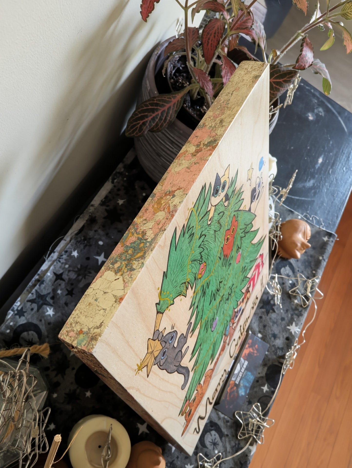 Merry Catsmis!!, Pyrography, Watercolors & Colored Foil Accents, on Wood, Wall/ Desk Art