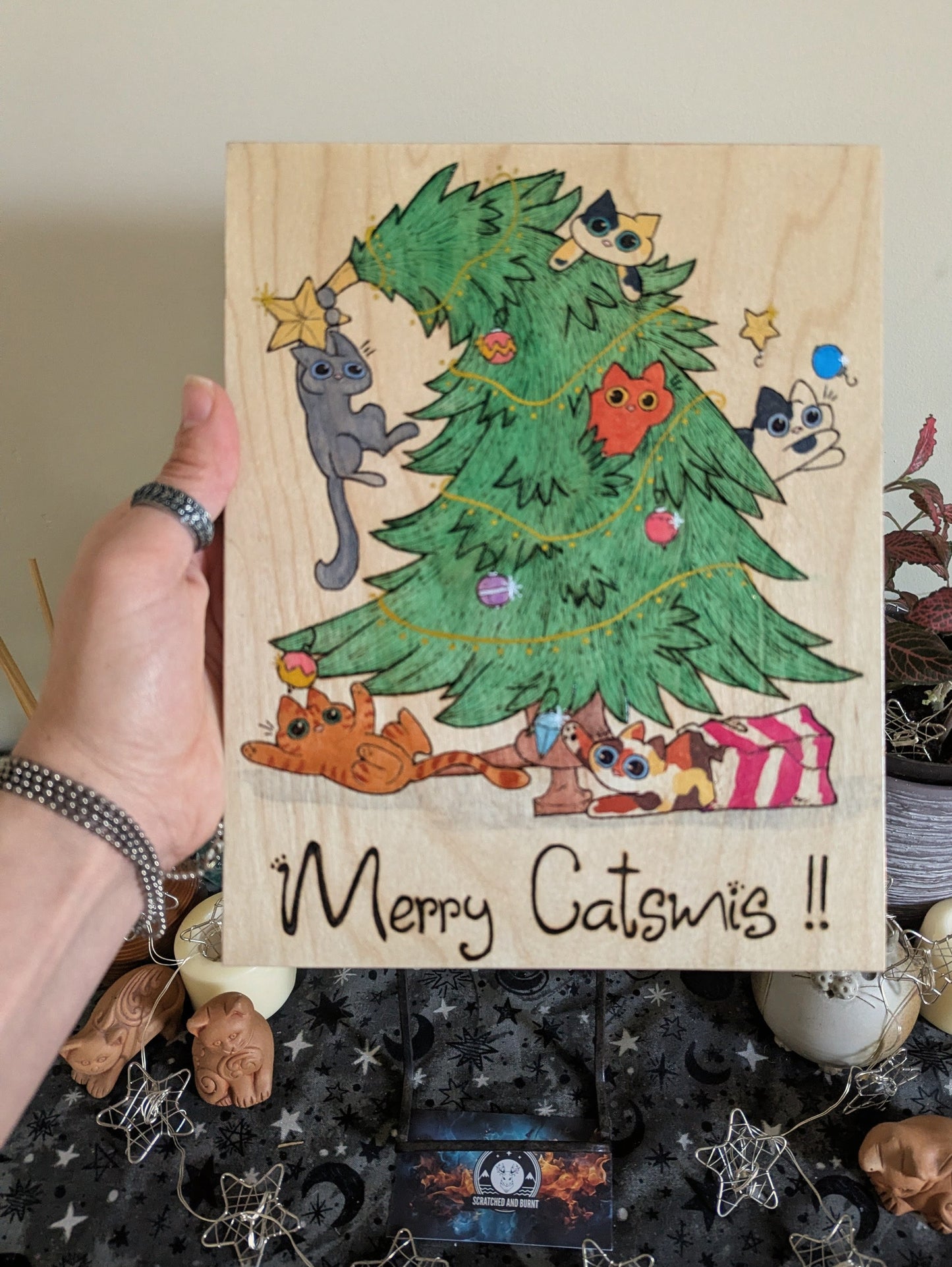 Merry Catsmis!!, Pyrography, Watercolors & Colored Foil Accents, on Wood, Wall/ Desk Art
