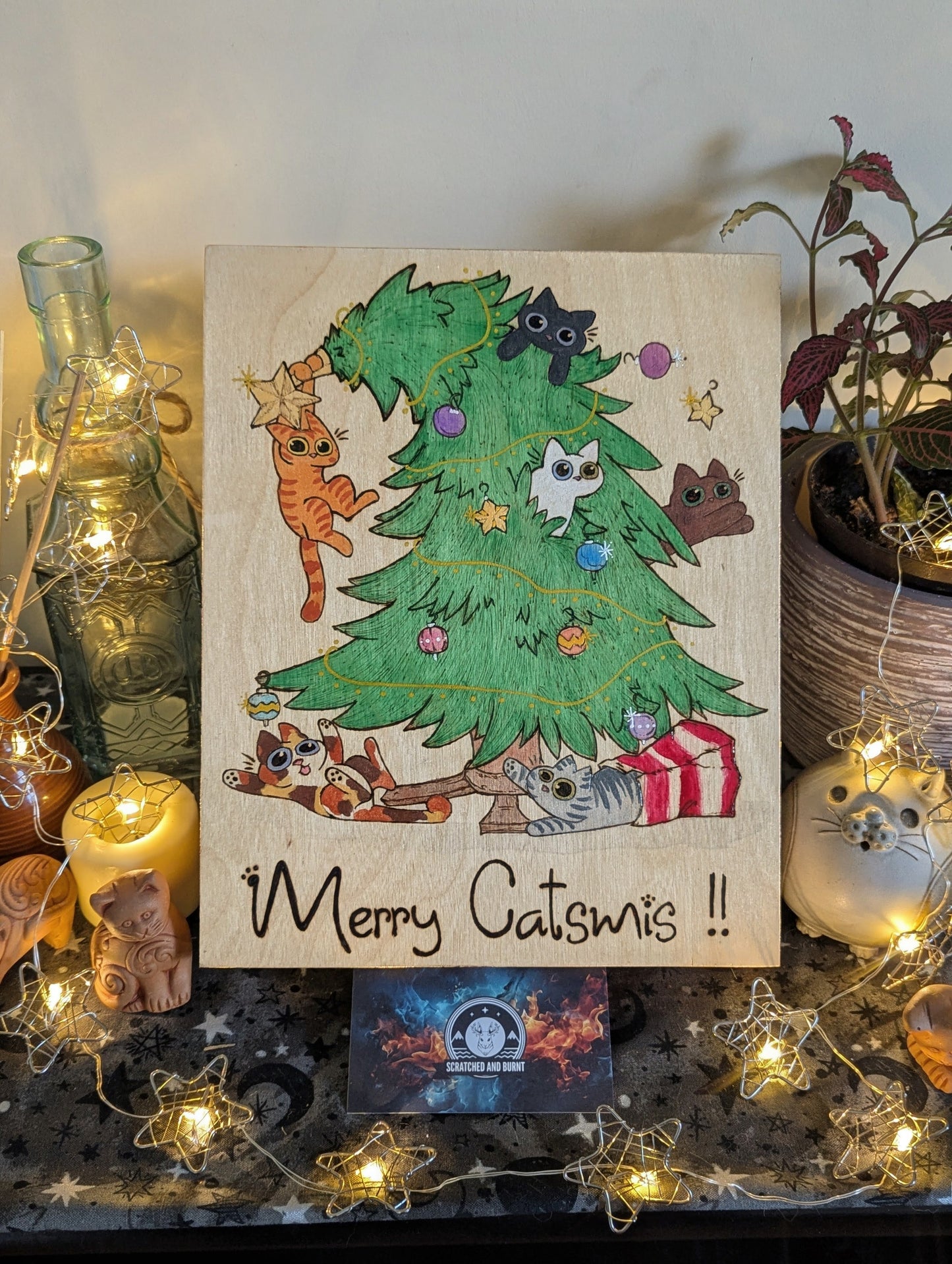 Merry Catsmis!!, Pyrography, Watercolors & Colored Foil Accents, on Wood, Wall/ Desk Art
