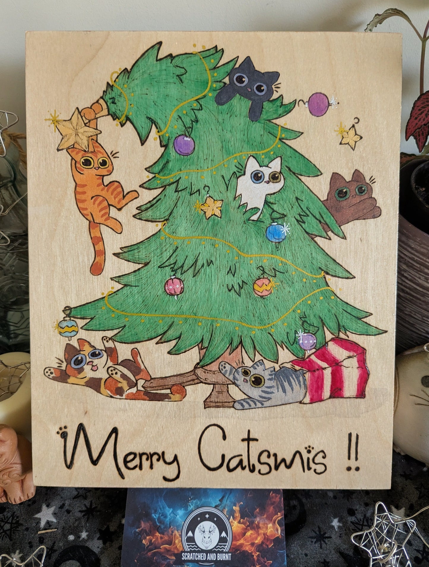 Merry Catsmis!!, Pyrography, Watercolors & Colored Foil Accents, on Wood, Wall/ Desk Art