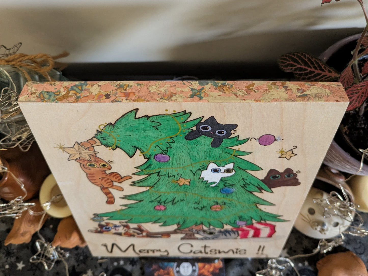 Merry Catsmis!!, Pyrography, Watercolors & Colored Foil Accents, on Wood, Wall/ Desk Art