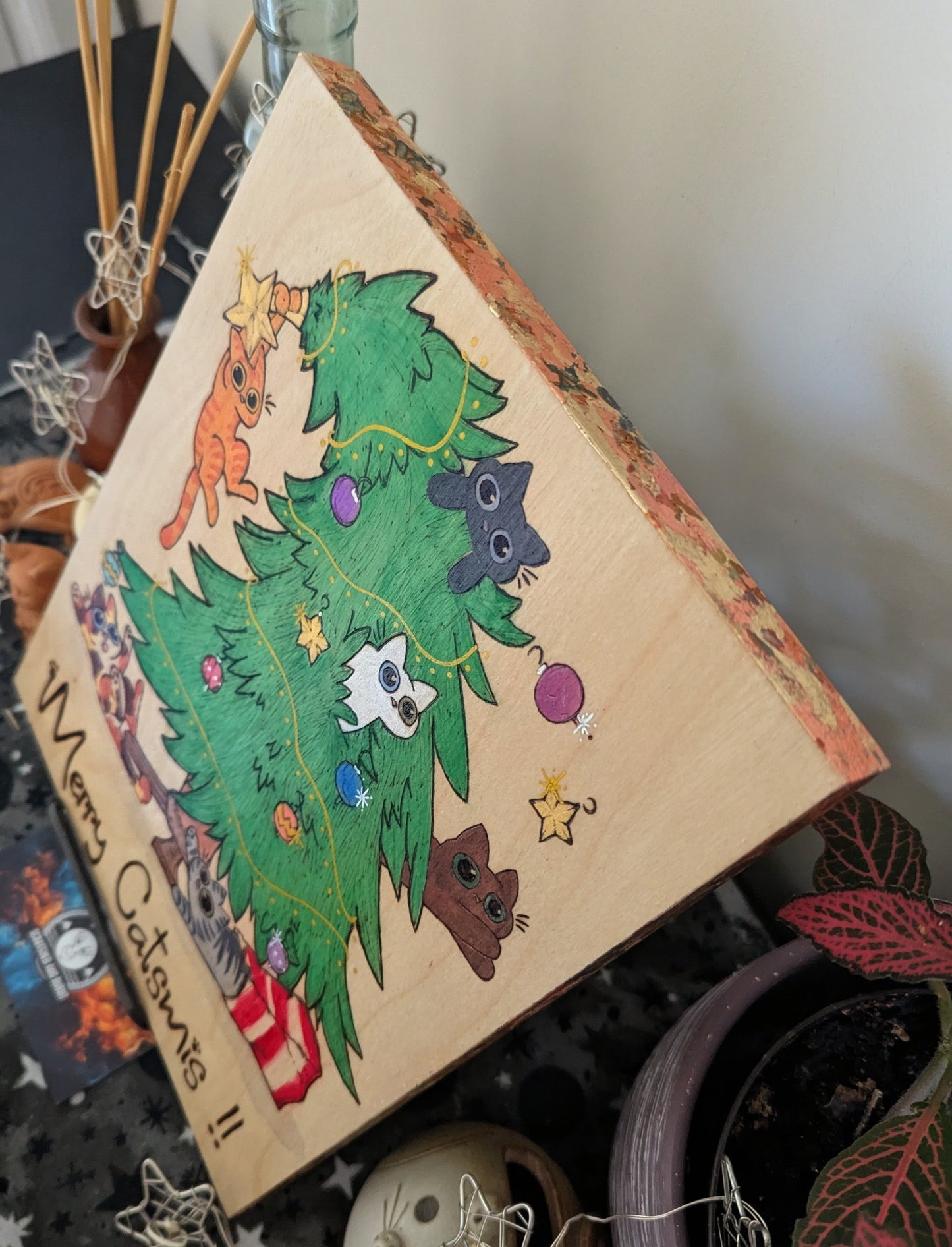 Merry Catsmis!!, Pyrography, Watercolors & Colored Foil Accents, on Wood, Wall/ Desk Art