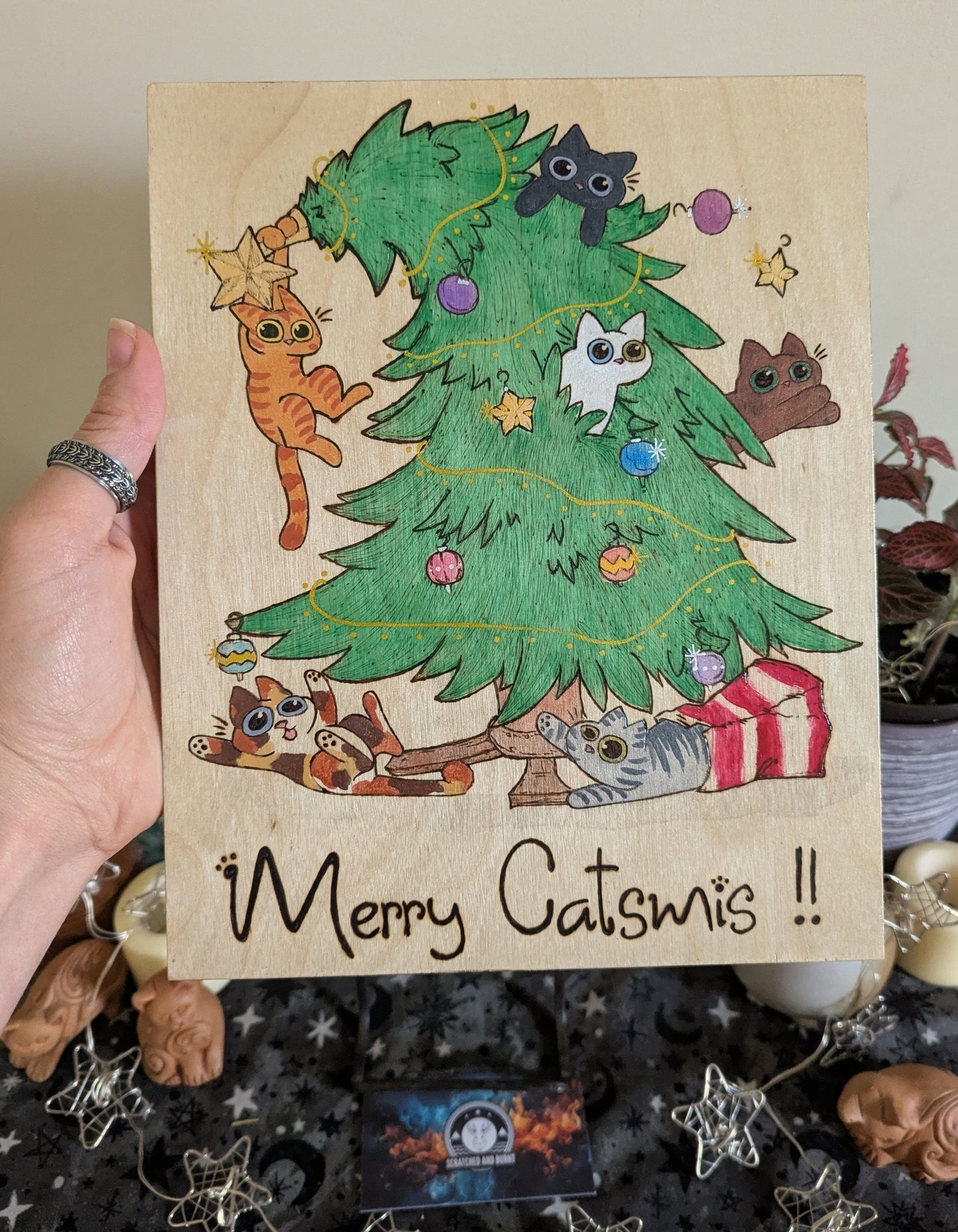 Merry Catsmis!!, Pyrography, Watercolors & Colored Foil Accents, on Wood, Wall/ Desk Art