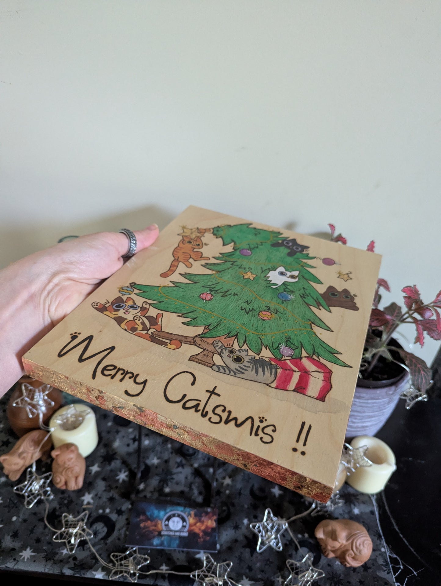 Merry Catsmis!!, Pyrography, Watercolors & Colored Foil Accents, on Wood, Wall/ Desk Art