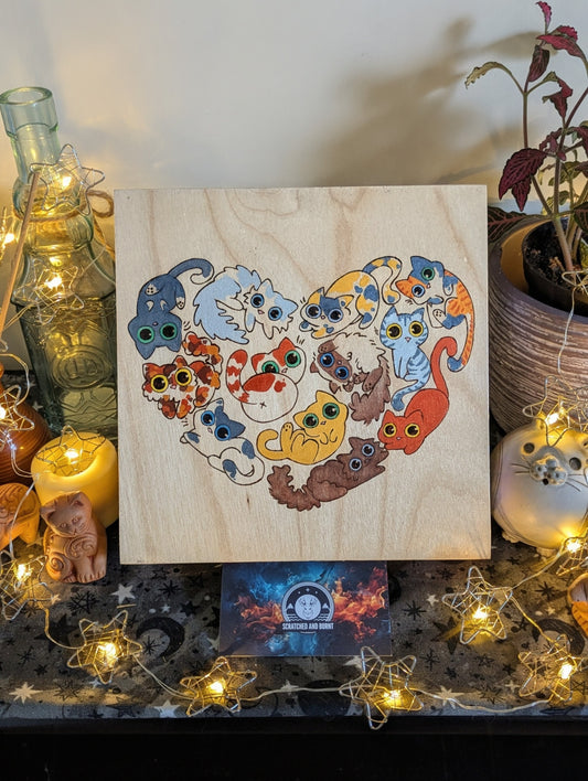 Heart Full of Cats, Pyrography, Watercolors & Colored Foil Accents, on Wood, Wall/ Desk Art
