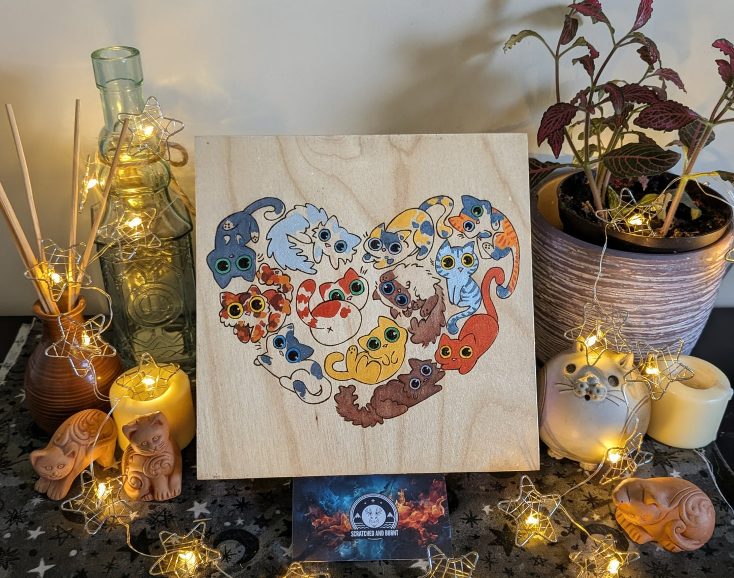 Heart Full of Cats, Pyrography, Watercolors & Colored Foil Accents, on Wood, Wall/ Desk Art