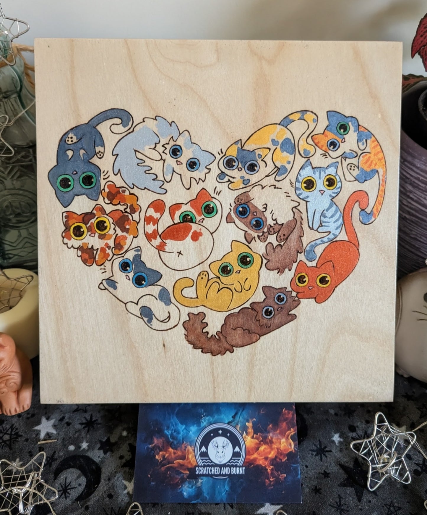 Heart Full of Cats, Pyrography, Watercolors & Colored Foil Accents, on Wood, Wall/ Desk Art
