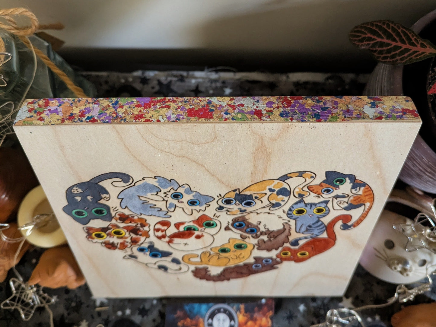 Heart Full of Cats, Pyrography, Watercolors & Colored Foil Accents, on Wood, Wall/ Desk Art