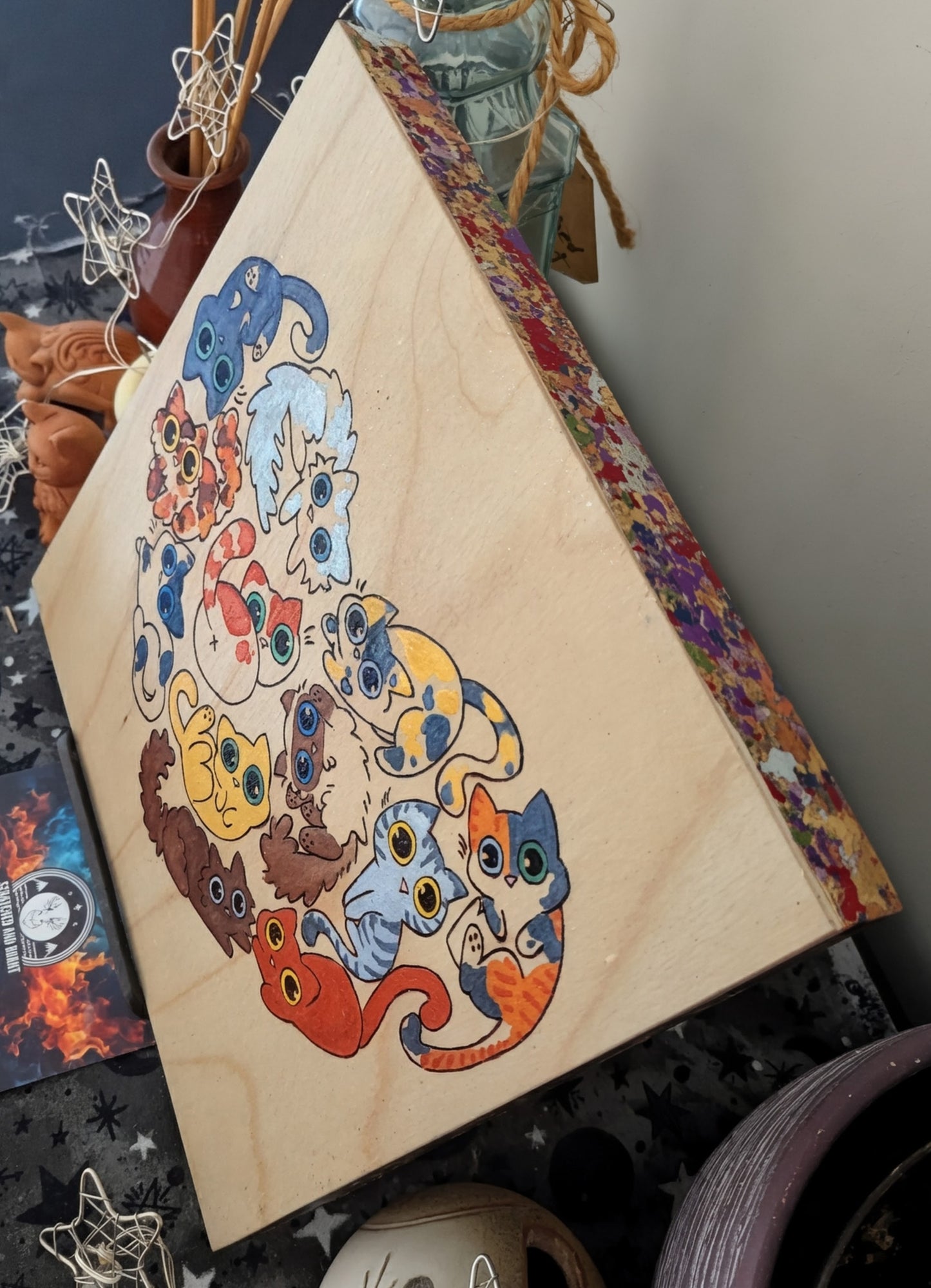 Heart Full of Cats, Pyrography, Watercolors & Colored Foil Accents, on Wood, Wall/ Desk Art