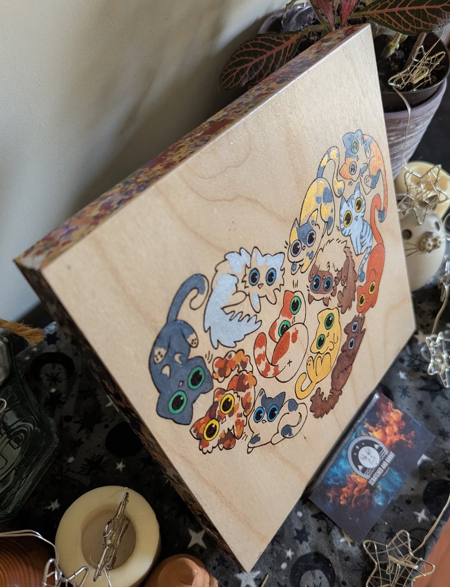 Heart Full of Cats, Pyrography, Watercolors & Colored Foil Accents, on Wood, Wall/ Desk Art