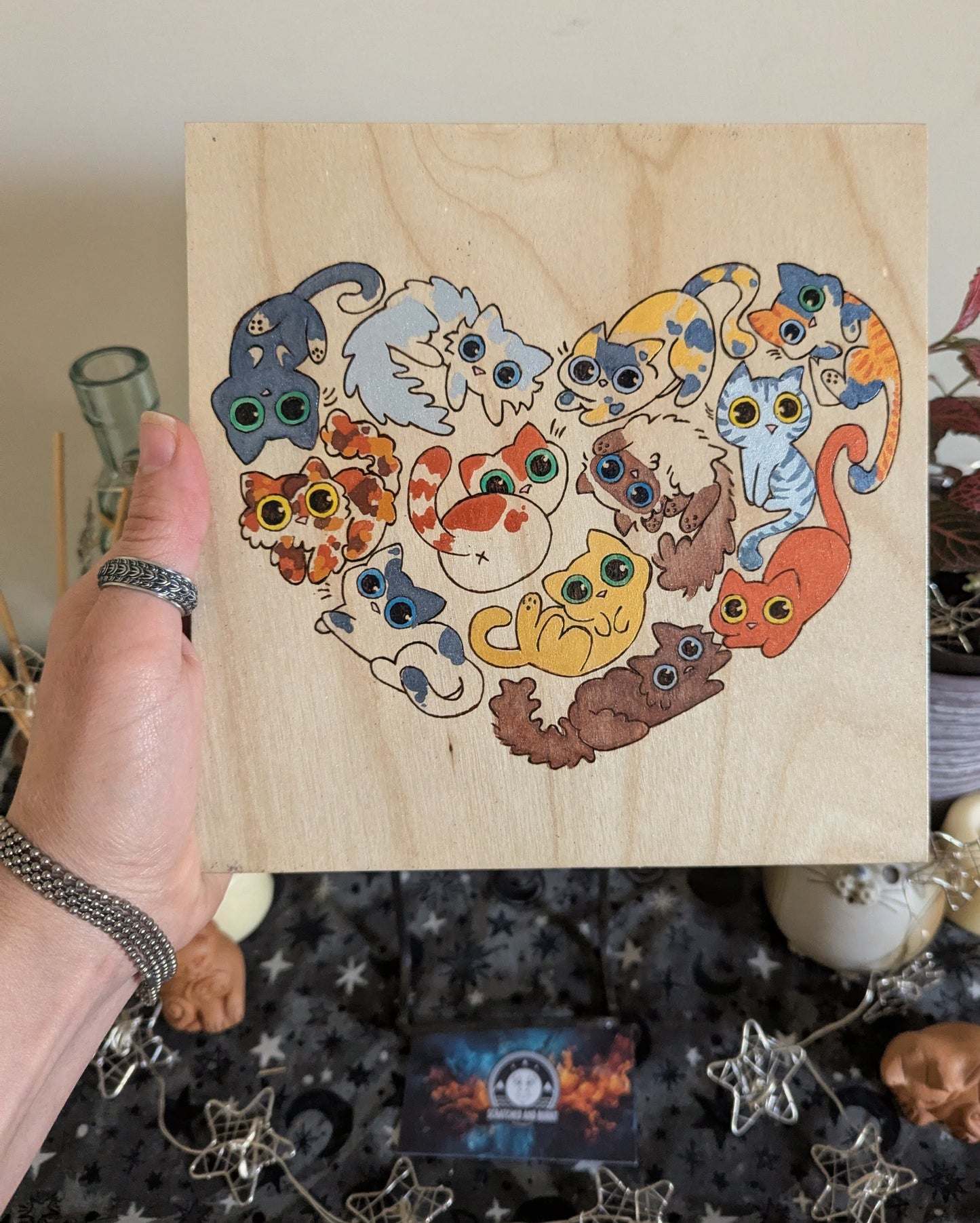 Heart Full of Cats, Pyrography, Watercolors & Colored Foil Accents, on Wood, Wall/ Desk Art
