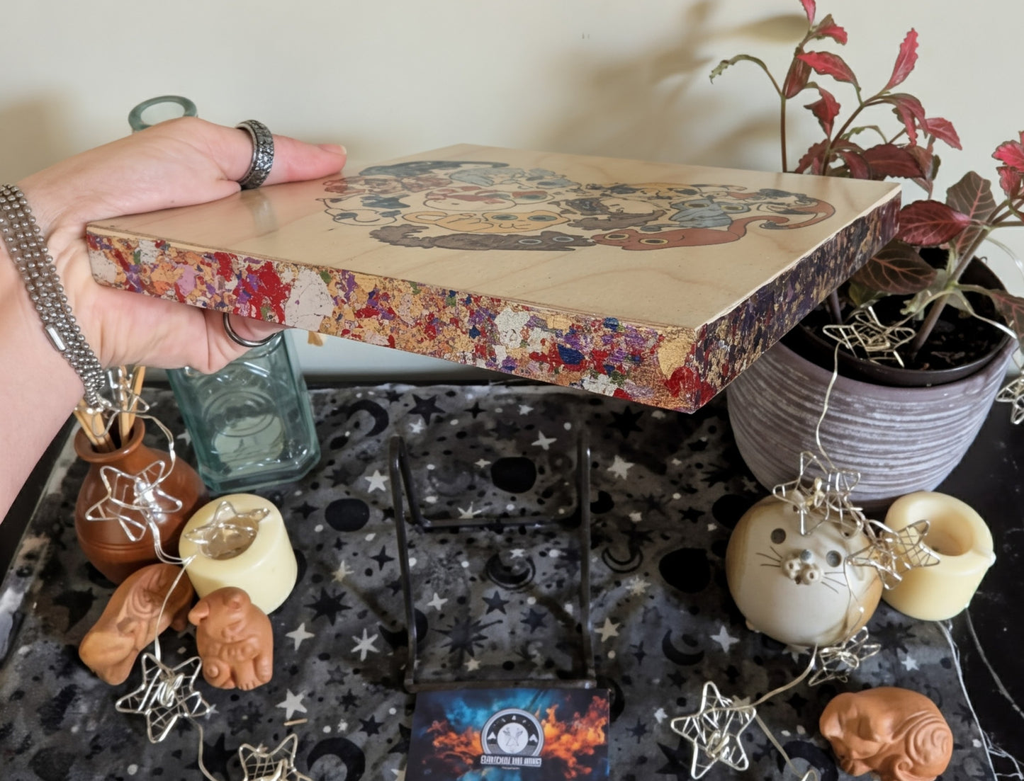 Heart Full of Cats, Pyrography, Watercolors & Colored Foil Accents, on Wood, Wall/ Desk Art