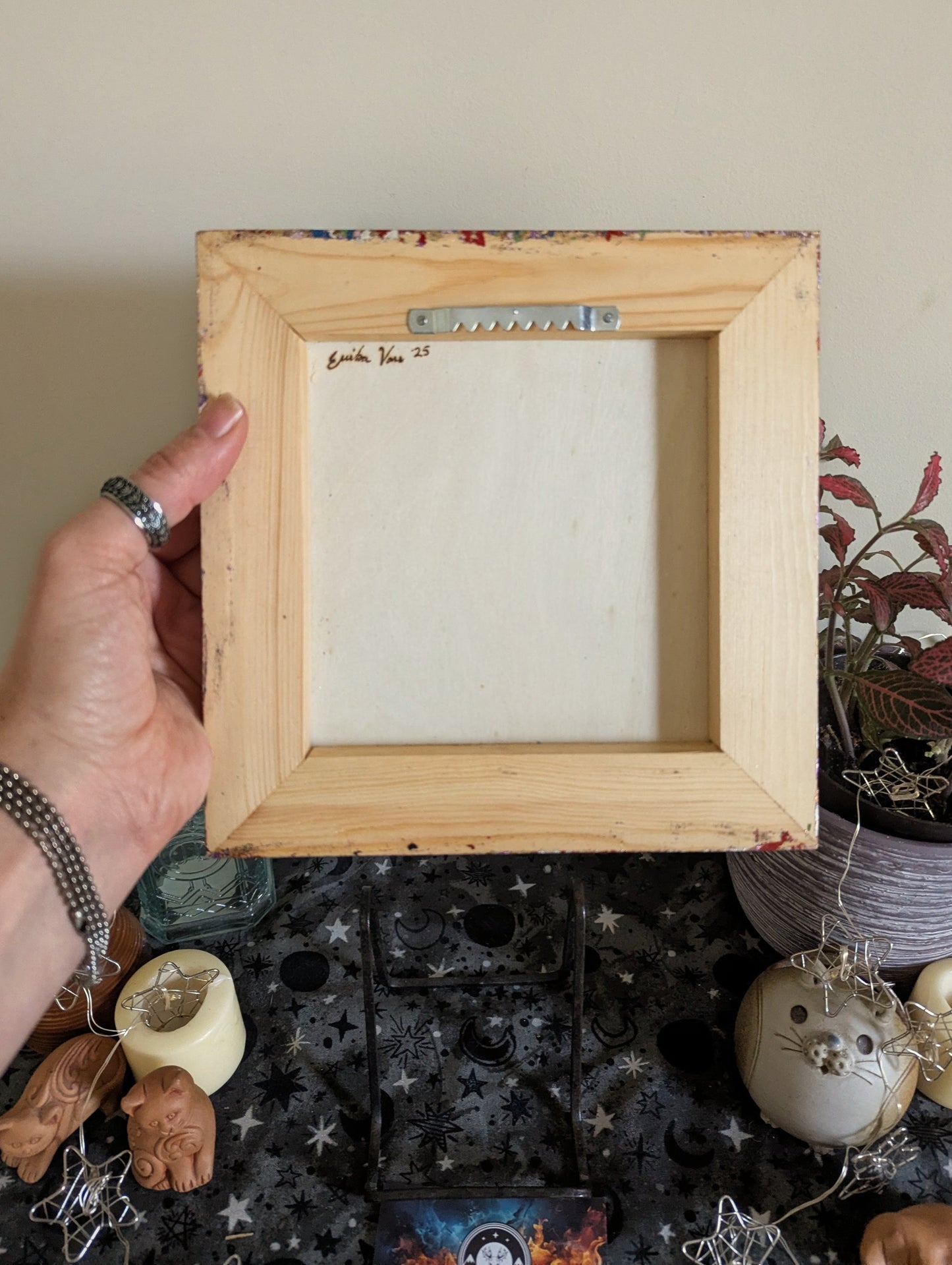 Heart Full of Cats, Pyrography, Watercolors & Colored Foil Accents, on Wood, Wall/ Desk Art