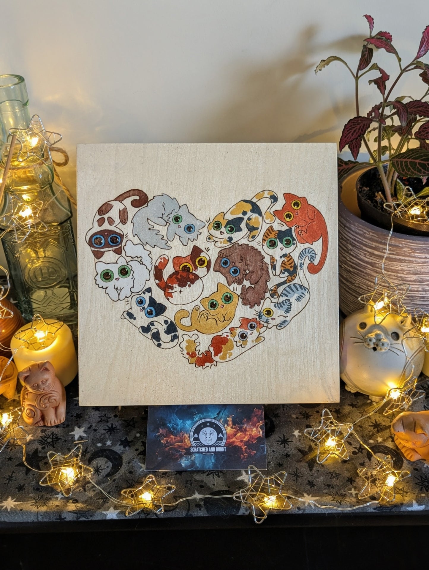 Heart Full of Cats, Pyrography, Watercolors & Colored Foil Accents, on Wood, Wall/ Desk Art
