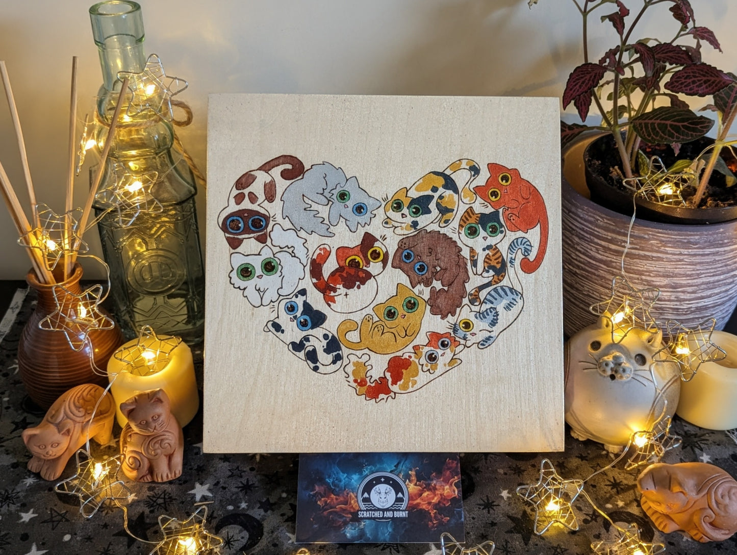 Heart Full of Cats, Pyrography, Watercolors & Colored Foil Accents, on Wood, Wall/ Desk Art