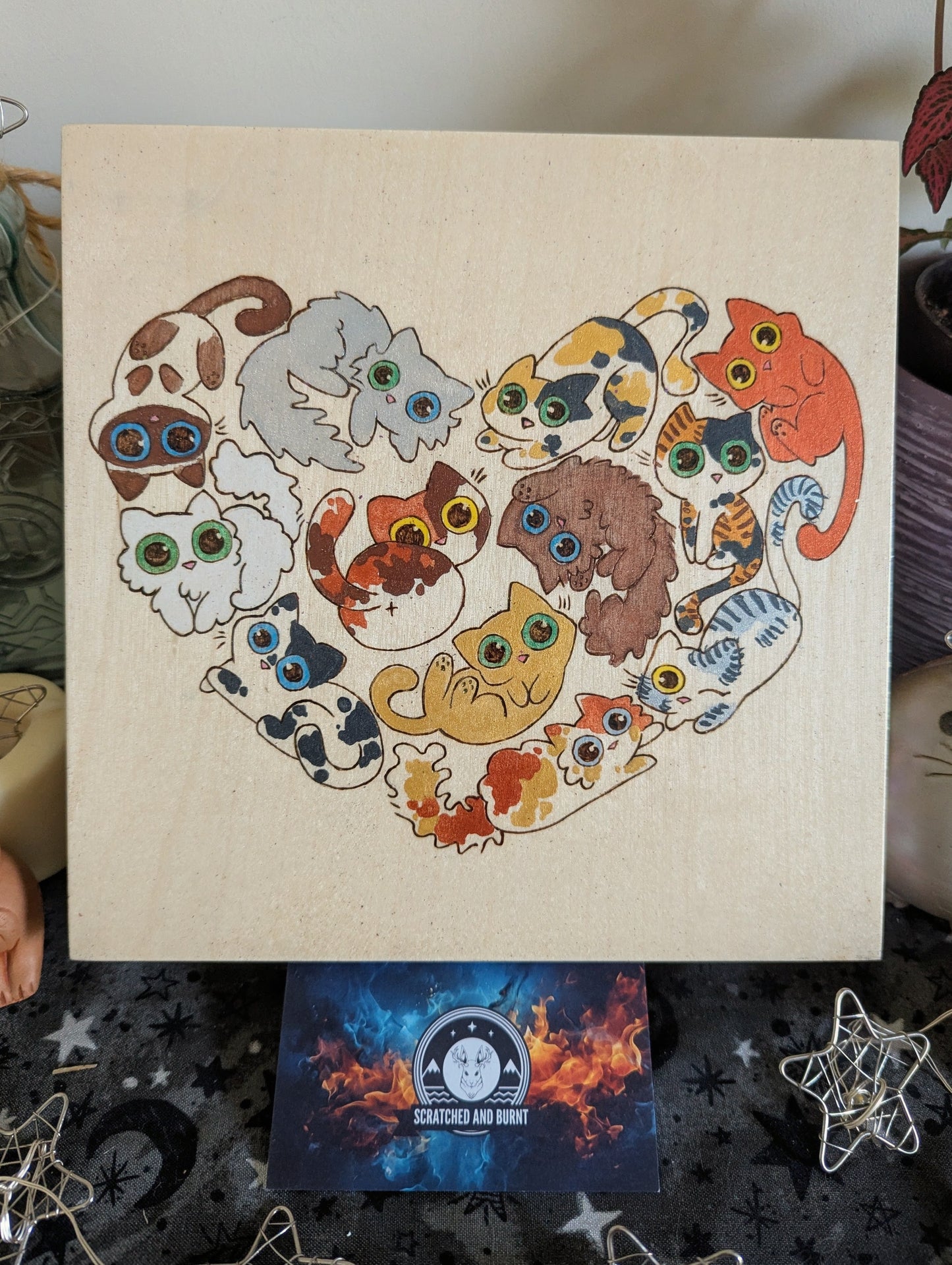 Heart Full of Cats, Pyrography, Watercolors & Colored Foil Accents, on Wood, Wall/ Desk Art