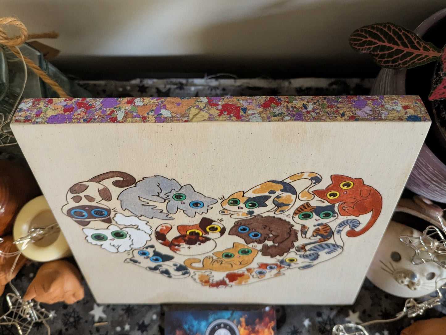 Heart Full of Cats, Pyrography, Watercolors & Colored Foil Accents, on Wood, Wall/ Desk Art