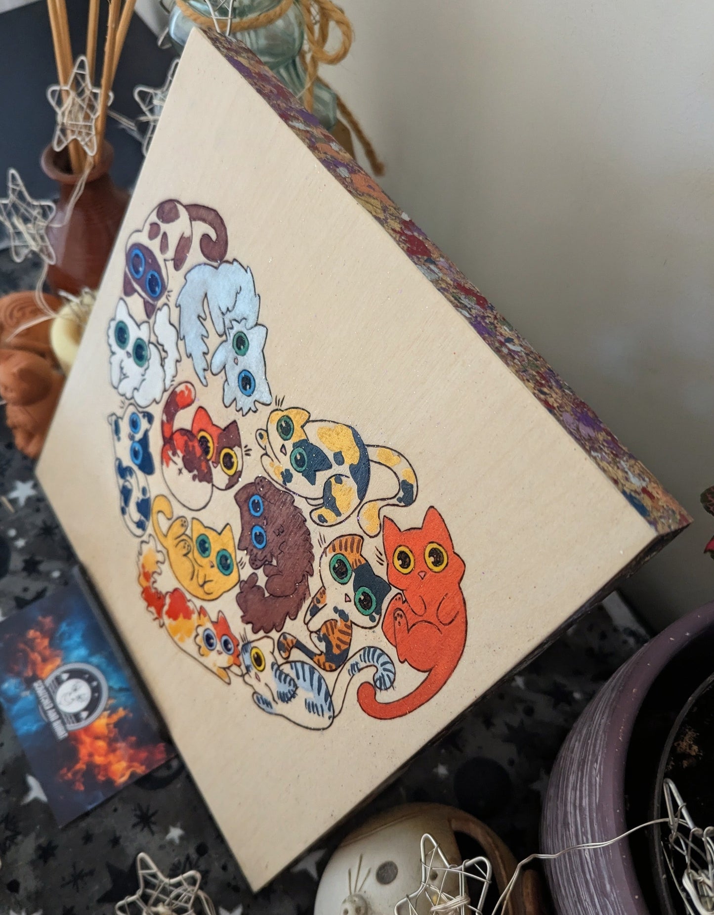 Heart Full of Cats, Pyrography, Watercolors & Colored Foil Accents, on Wood, Wall/ Desk Art