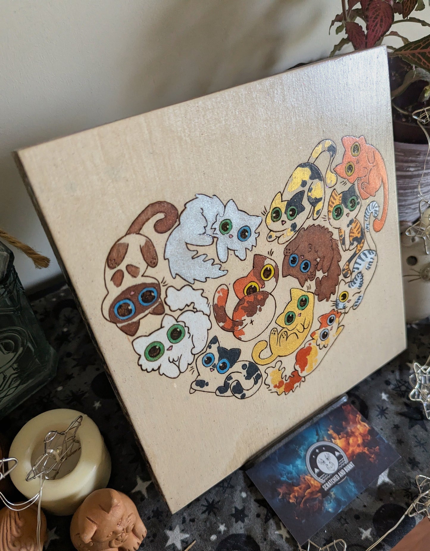 Heart Full of Cats, Pyrography, Watercolors & Colored Foil Accents, on Wood, Wall/ Desk Art