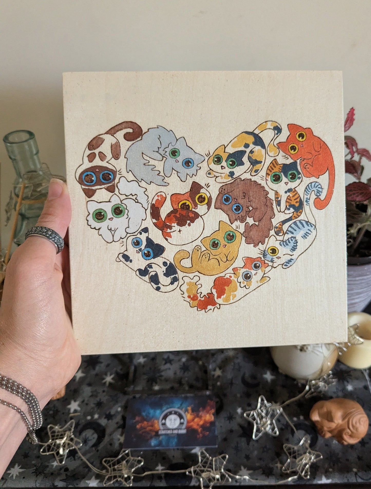 Heart Full of Cats, Pyrography, Watercolors & Colored Foil Accents, on Wood, Wall/ Desk Art