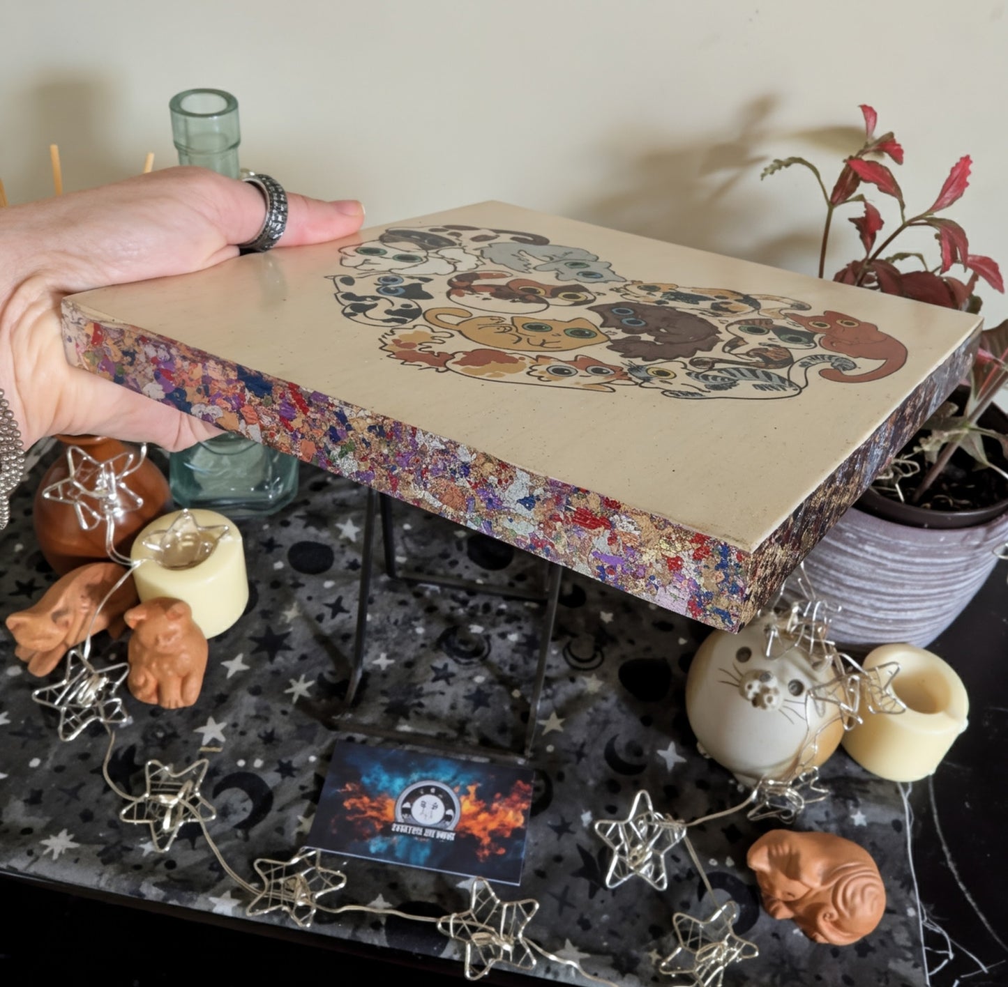 Heart Full of Cats, Pyrography, Watercolors & Colored Foil Accents, on Wood, Wall/ Desk Art