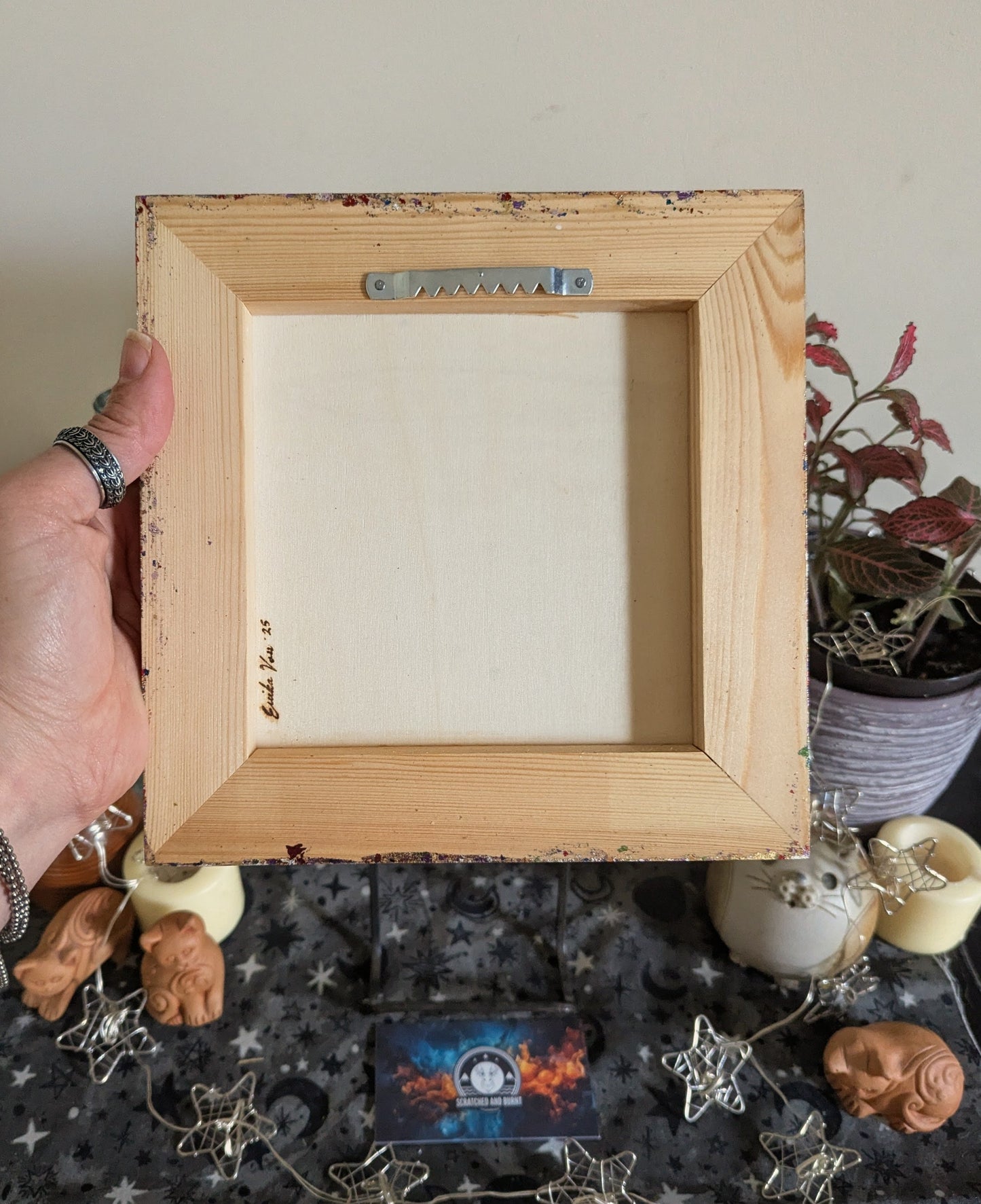 Heart Full of Cats, Pyrography, Watercolors & Colored Foil Accents, on Wood, Wall/ Desk Art