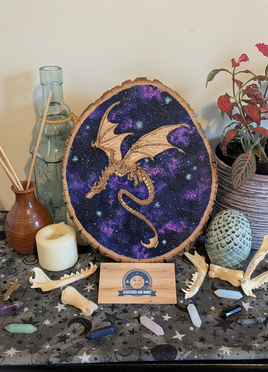 'Celestial Dragon Flight' Pyrography with Acrylics on Wood, Desk/Wall Art