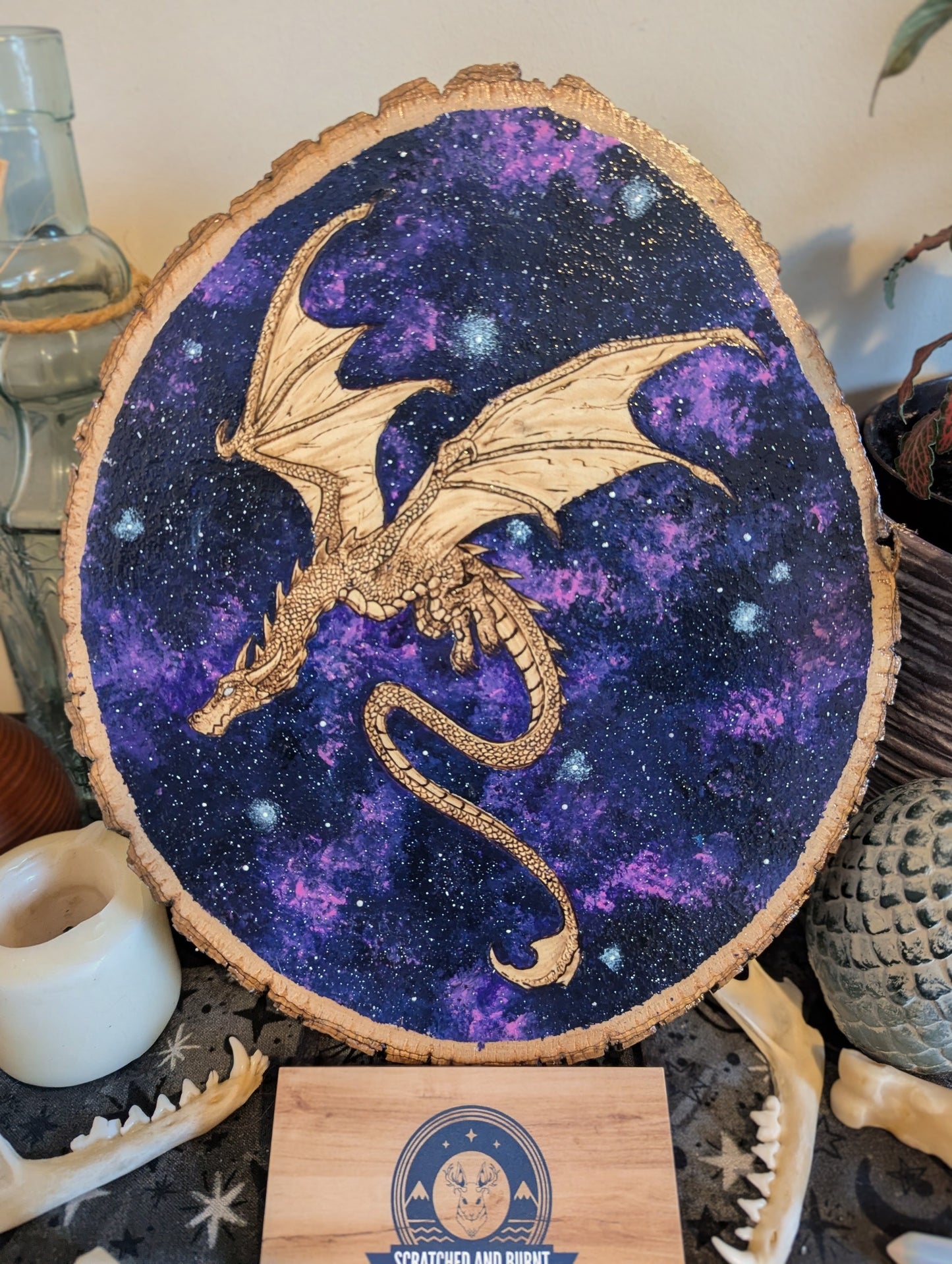 'Celestial Dragon Flight' Pyrography with Acrylics on Wood, Desk/Wall Art
