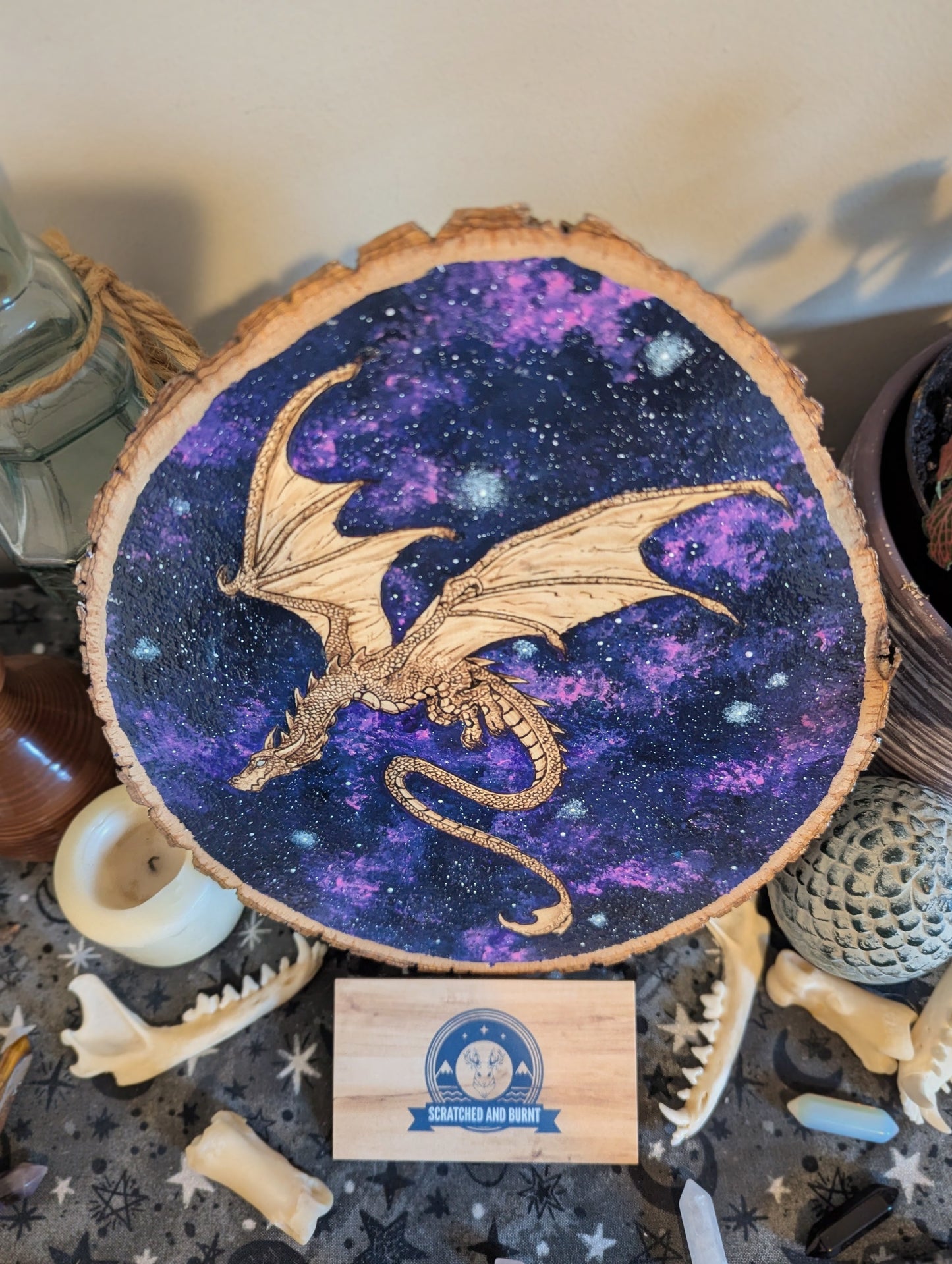 'Celestial Dragon Flight' Pyrography with Acrylics on Wood, Desk/Wall Art