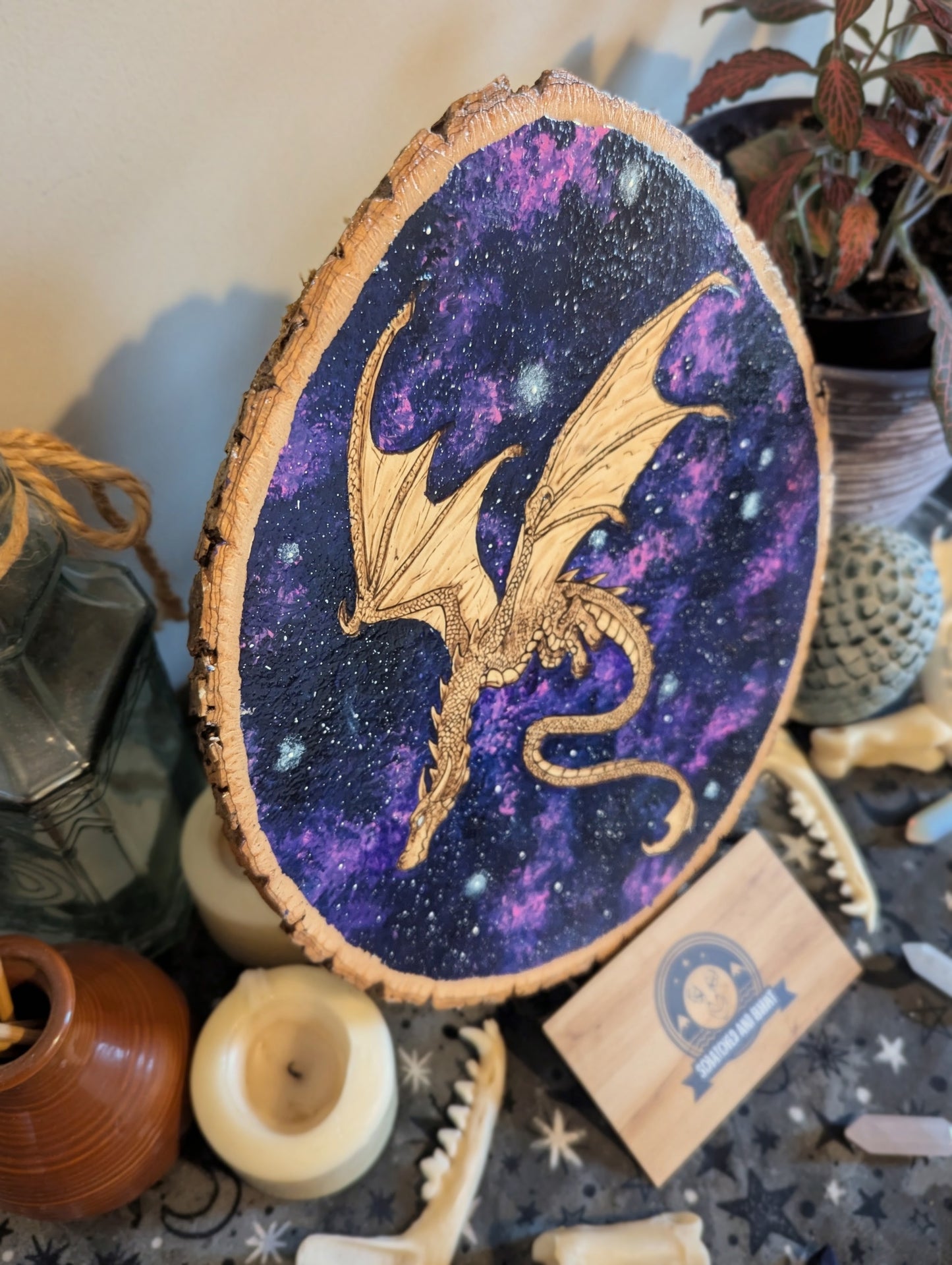 'Celestial Dragon Flight' Pyrography with Acrylics on Wood, Desk/Wall Art