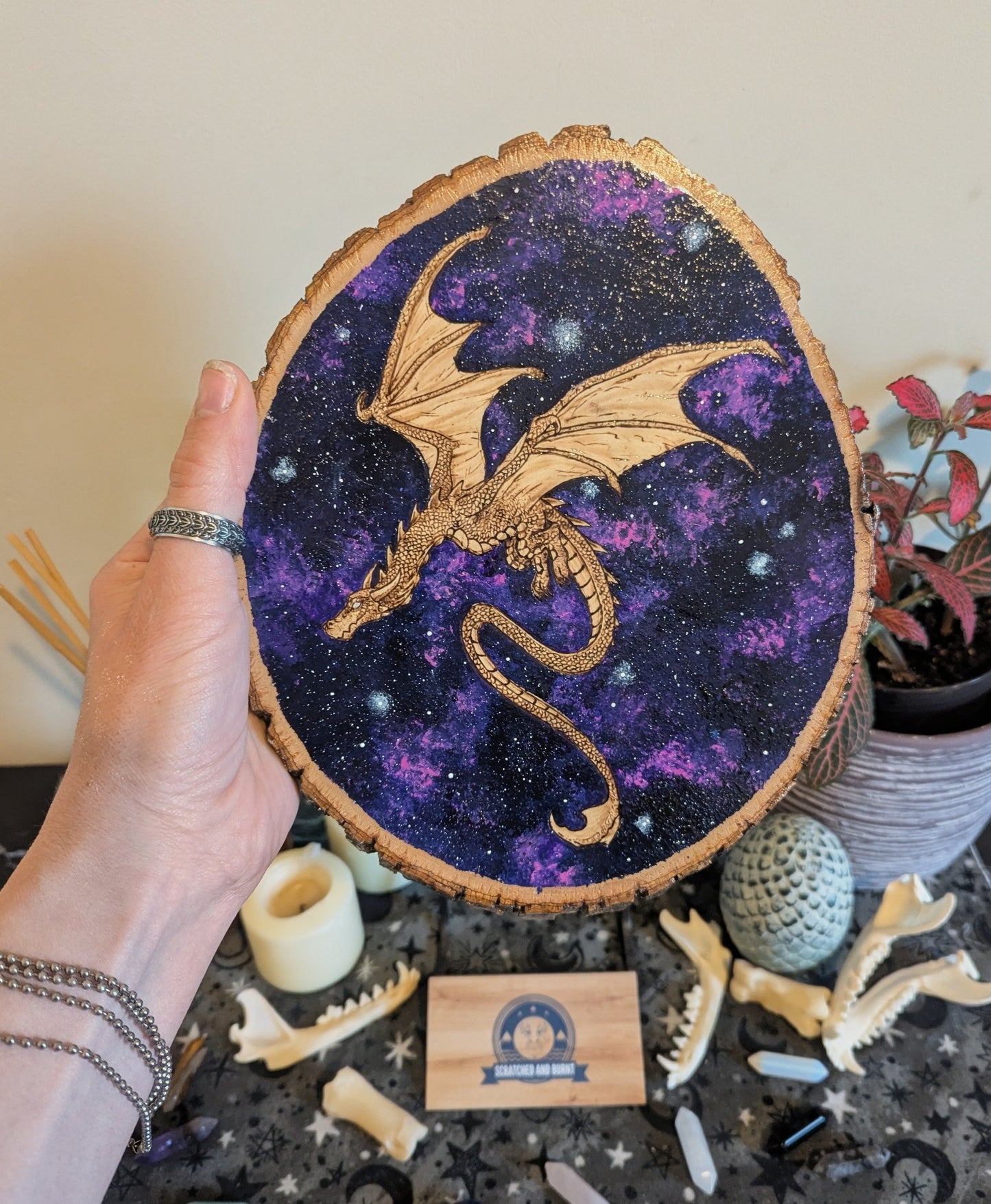 'Celestial Dragon Flight' Pyrography with Acrylics on Wood, Desk/Wall Art