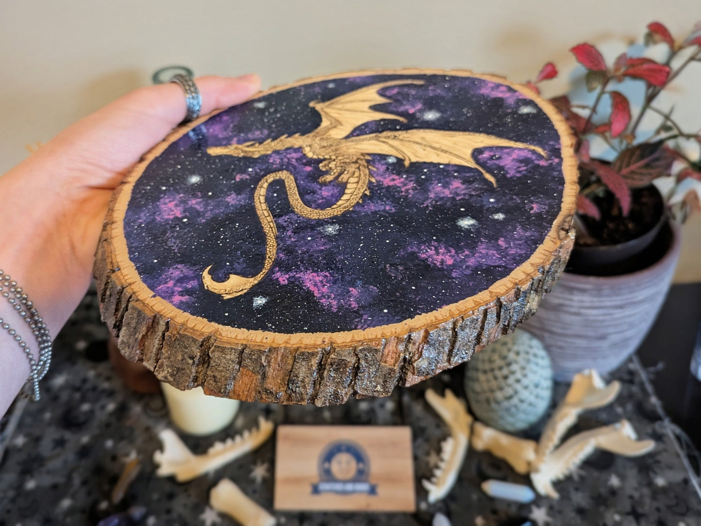 'Celestial Dragon Flight' Pyrography with Acrylics on Wood, Desk/Wall Art