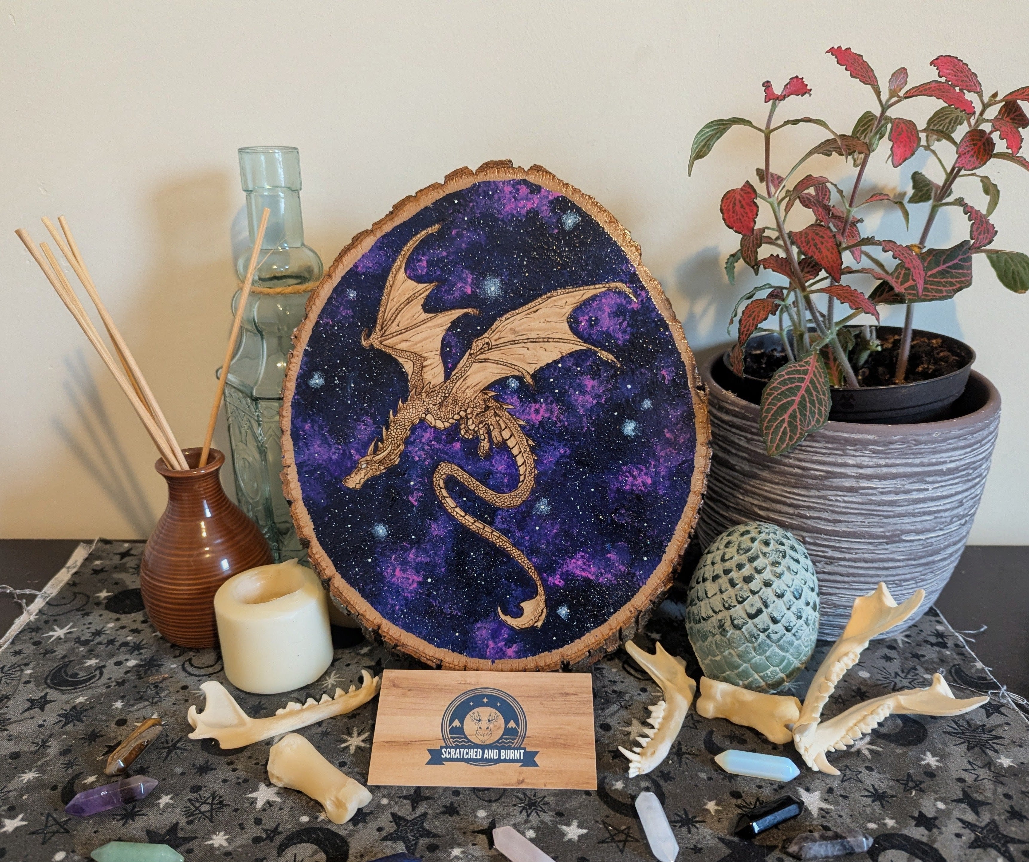 Skywatcher' Dragon, Pyrography with Acrylics on Wood, Desk/Wall