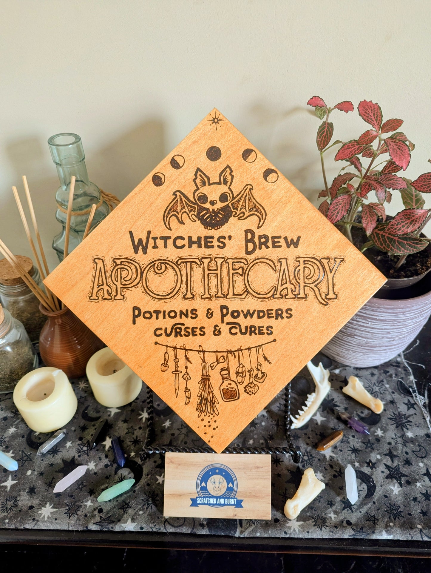 'Witches Brew, Apothecary Sign', Pyrography, w/ Foil Edge, on Wood, Desk/Wall Art