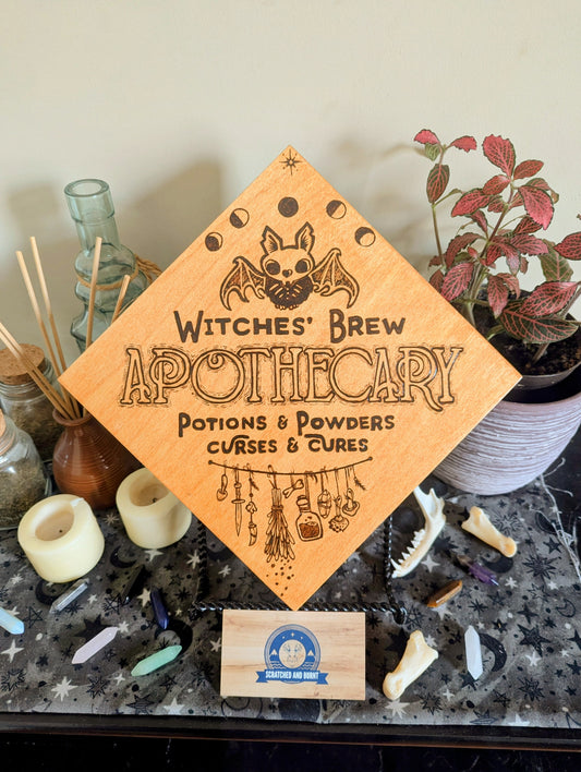 'Witches Brew, Apothecary Sign', Pyrography, w/ Foil Edge, on Wood, Desk/Wall Art