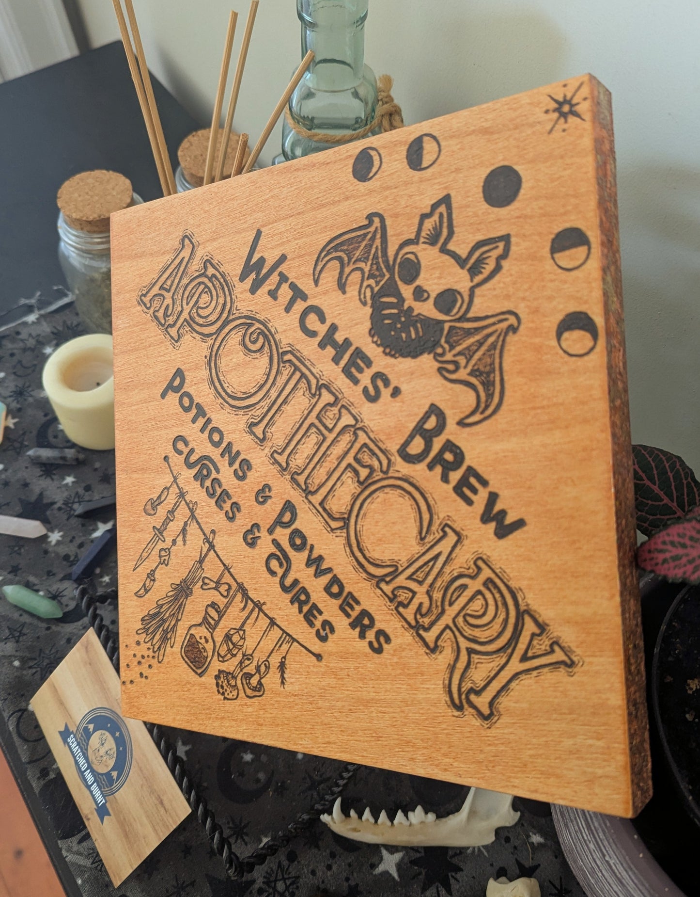 'Witches Brew, Apothecary Sign', Pyrography, w/ Foil Edge, on Wood, Desk/Wall Art